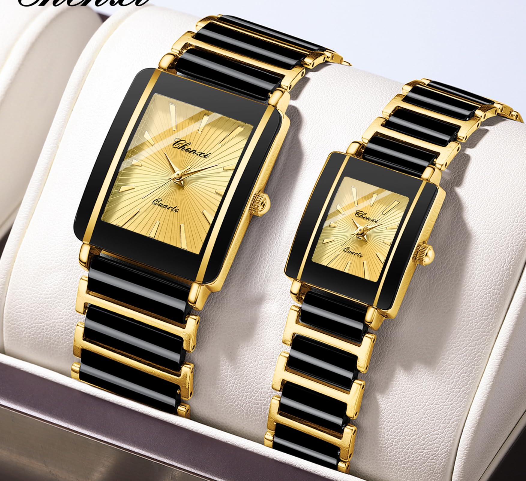 Gosasa Relojes vintage para parejas para hombres y mujeres a juego, pulsera cuadrada de cerámica de cuarzo para él y para ella, par de relojes rectangulares de vestir negro y dorado, resistentes al