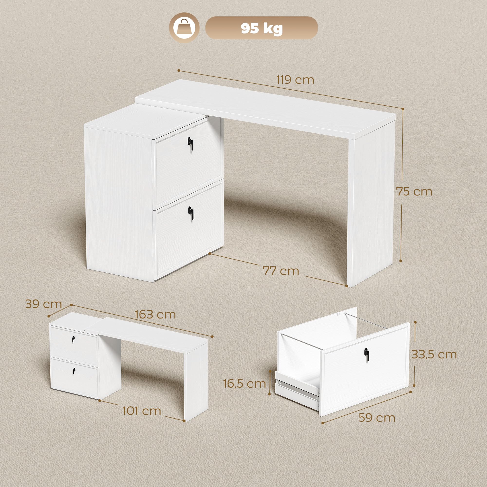 HOMCOM Escritorio Reversible en Forma de L con 2 Cajones Blanco