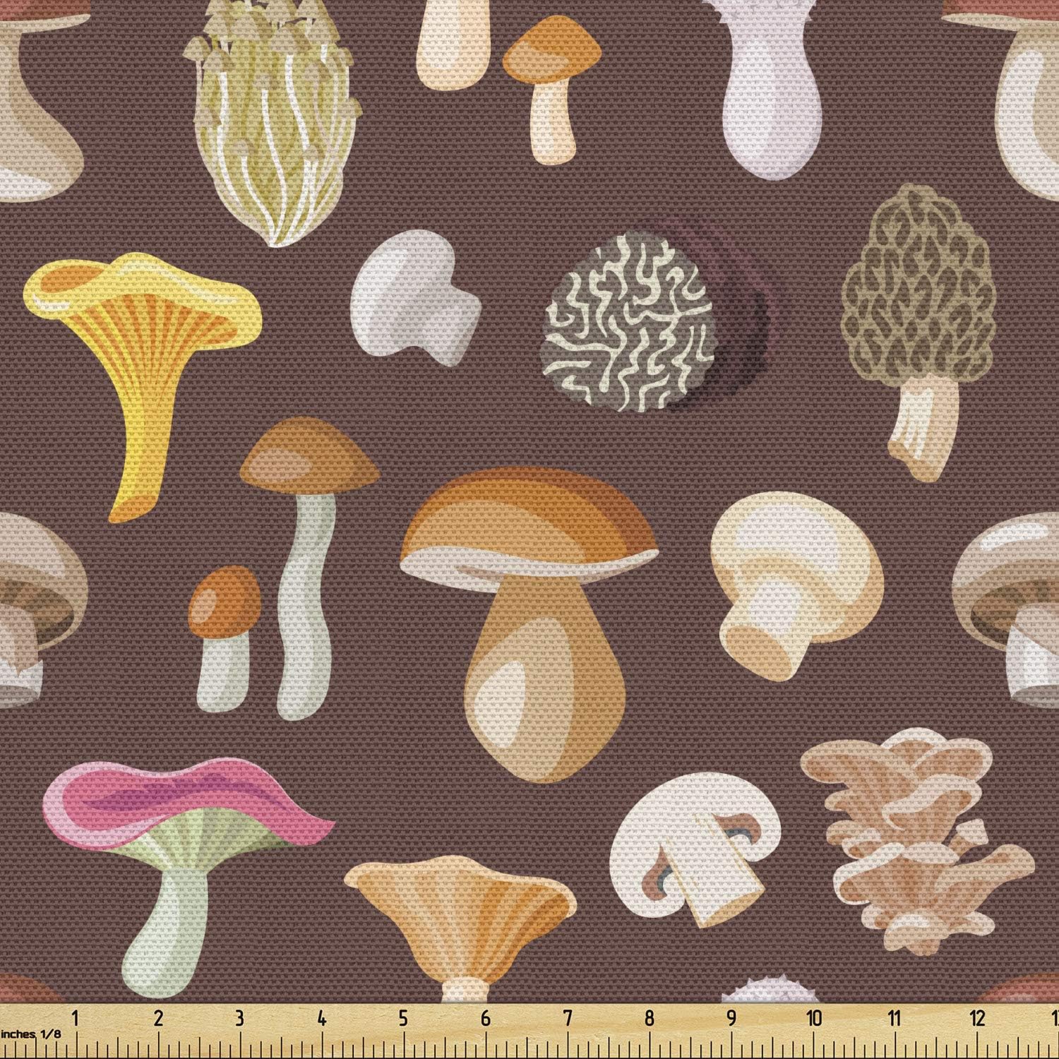 Ambesonne Mushroom Fabric by The Yard, Rhythmic Fungi Cartoon Style in Autumn Tones Season Welcoming Pattern, Decorative Fabric for Upholstery and Home Accents, 2 Yards, Umber Maroon