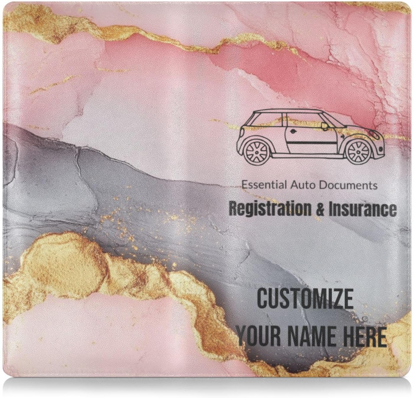 Custom Premium Leather Car Registration and Insurance Holder Personalized Men Women Auto Glove Box Organizer for Driver License, Cards & Essential Documents Marble Blush Grey
