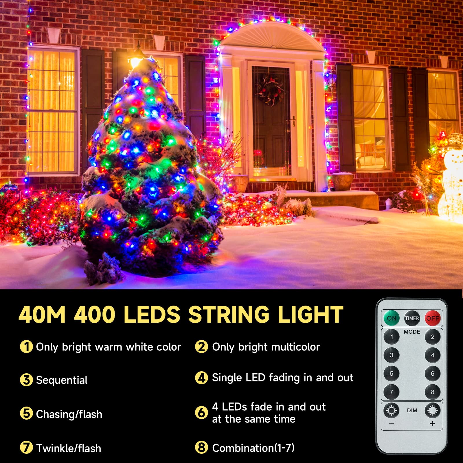 HOVVIDA Łańcuch świetlny na zewnątrz, 40 m, 400 diod LED, ciepła biel i wielokolorowa, klasa wodoszczelności IP65, 31 V, łańcuch świetlny na choinkę