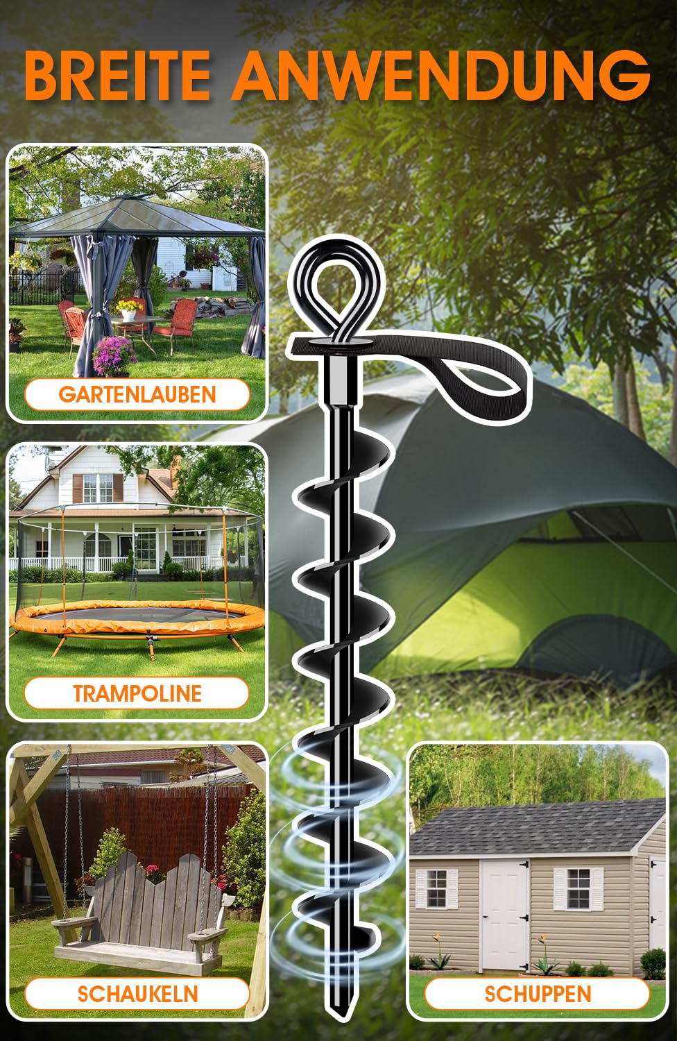 Ancrage au Sol 4 Jeux avec Sangles - Vis Pleine et Large pour Fixation Sûre de Trampoline, Auvent, Balançoire