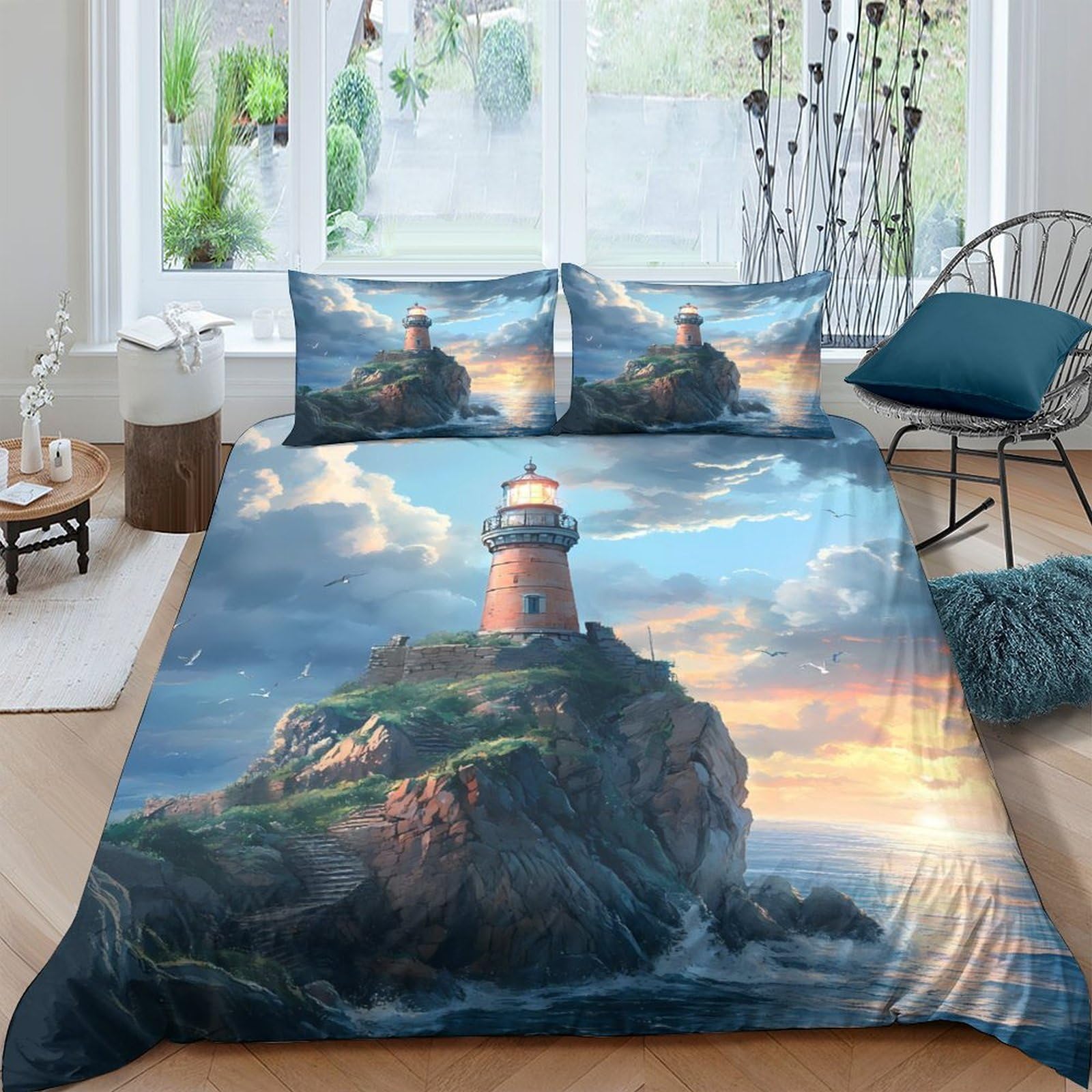Ctjqhvkz Style-10 3D Printed Lighthouse Sunset Fitted Sheet Microfiber Non Slip Mattress Cover For Bedroom Dorm Decorative Washable Single（135X200cm）