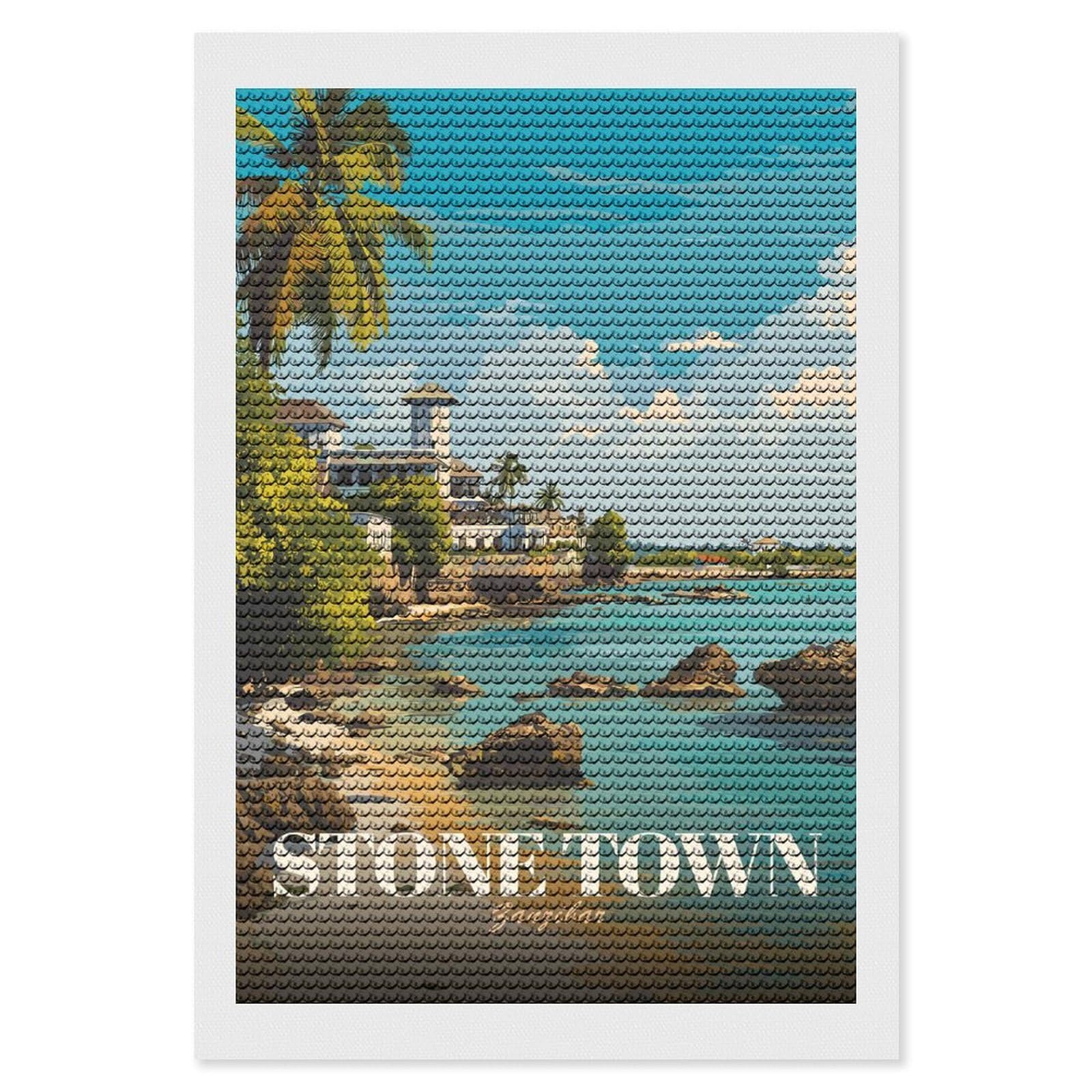 Junmoney Stone Town Zanzibar Travel DIY Diamond Art Canvas Kit 8"x12", Adhesive Canvas, Easy to Enjoy, Farmhouse Decor, Festive Craft Gift