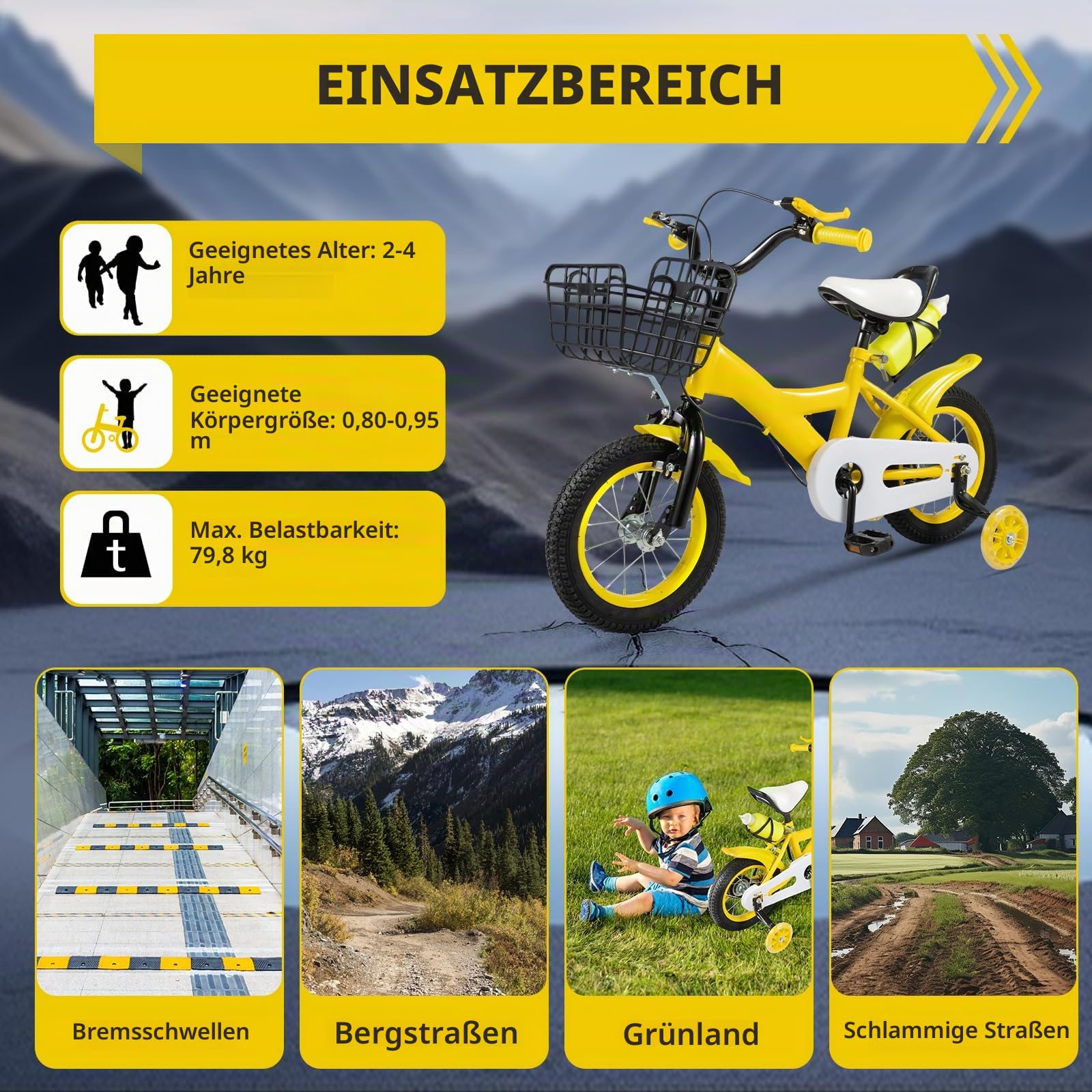 12 Zoll Kinderfahrrad Mit Verstellbarem Sattel, Kinder Fahrrad Rad Bike für Kinder 3-9 Jahren Junge und Mädchen Rot/Gelb/Blau