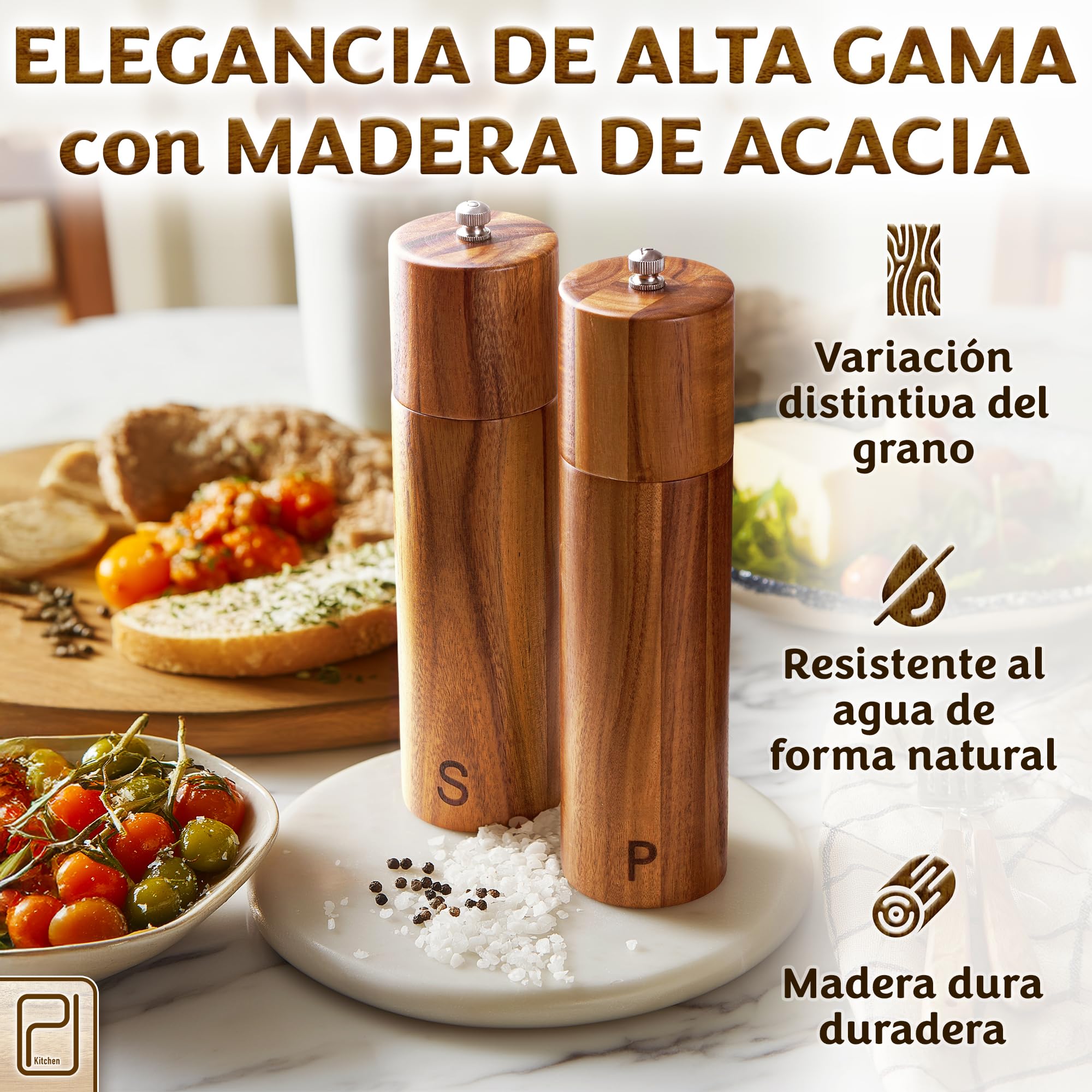 Juego de molinillos de sal y pimienta prémium - 28 g, molinillos de madera maciza deacacia - Molinillos manuales de sal gruesa y pimienta recargables - Moderno/rústico