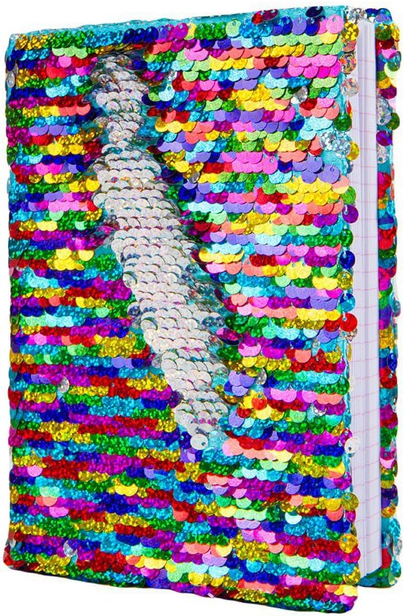 Modcon Magic Sequin Journal Reversible Sequin Office Notebook Mermaid Notepad School Diary for Girls Adults Festival Birthday Valentine's Day Gifts (Rainbow/Silver)