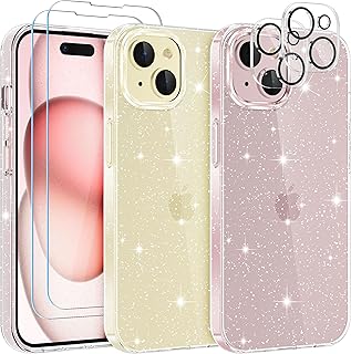 YIRSUR Glitter Clear Case Compatible with iPhone 15 with 2 Pack Screen Protector with 2 Pack Camera Lens Protector, Soft TPU Bumper Anti-Scratch Shockproof Transparent Sparkly Cover for iPhone 15