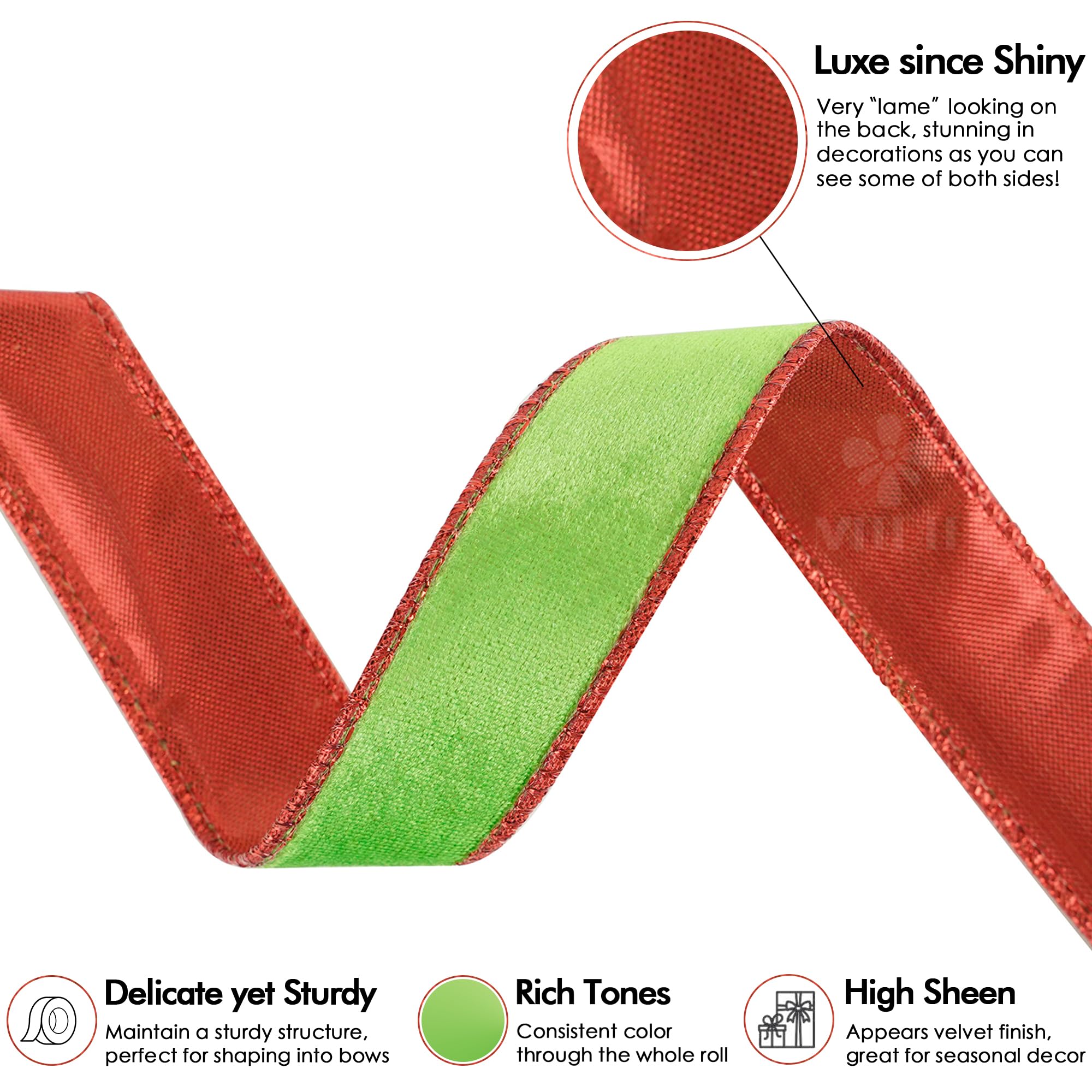 MEEDEE Cinta de Navidad de terciopelo verde lima y rojo de 1 pulgada, cinta de terciopelo fino con alambre, carrete de 25 yardas, cinta Farrislk de dos tonos, cinta roja y verde para árbol de Navidad,
