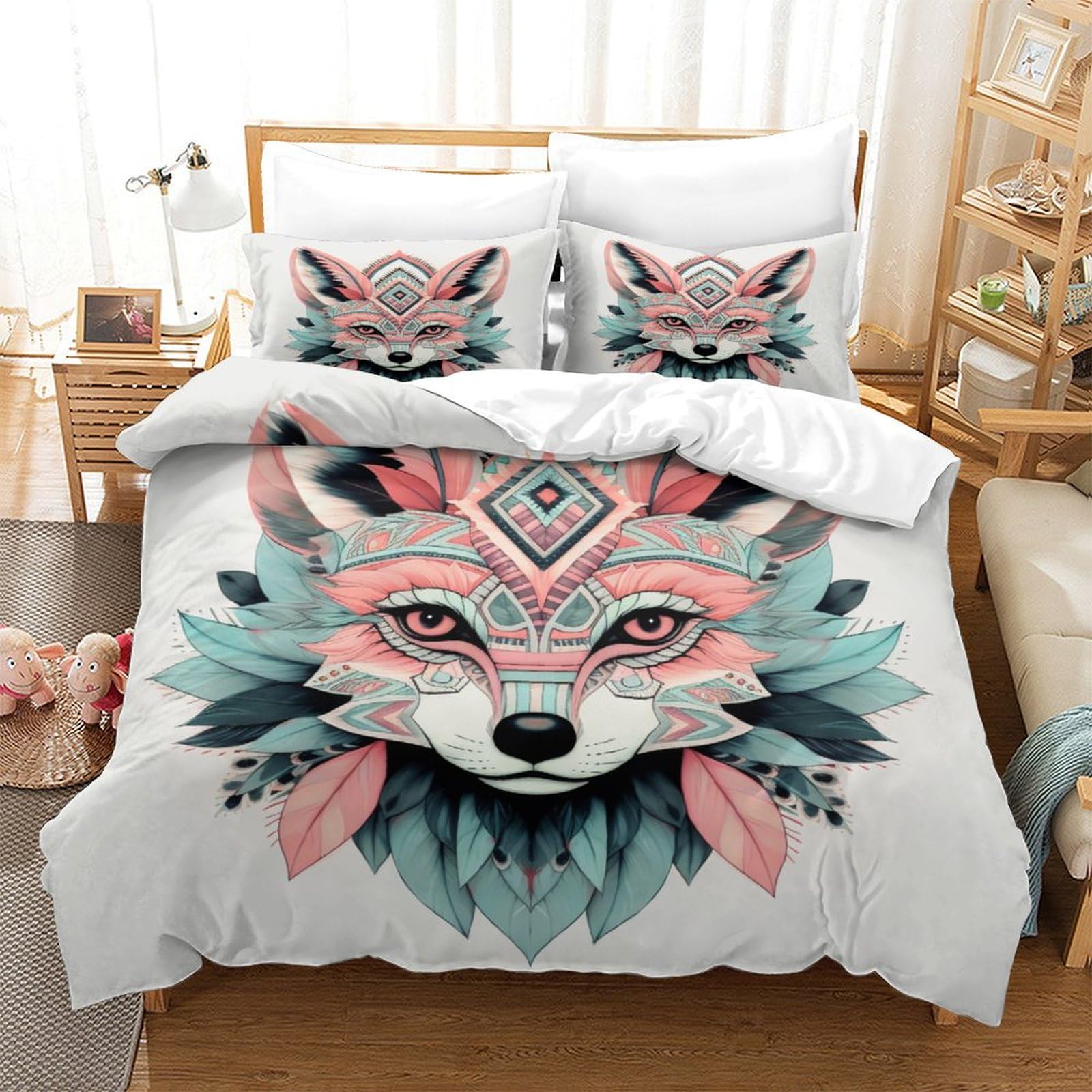 P1S9U7W5Y Bohemian Fox 3D Printed Duvet Cover Set 3 Pieces Microfiber Bedroom Decor Fox Bedding Set Gift for Home Double（200x200cm）