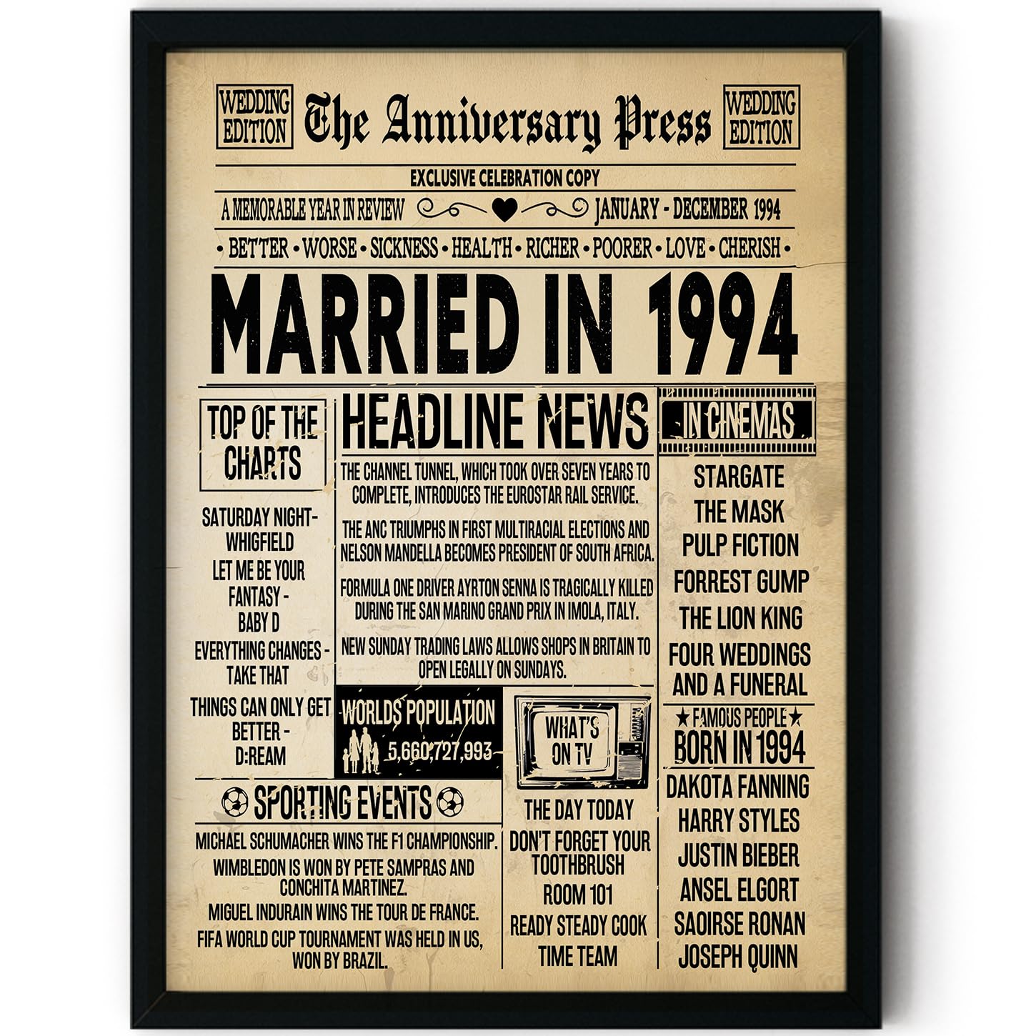 Stuff4 Men's 1994 32Nd Anniversary Poster Framed, Married In Newspaper