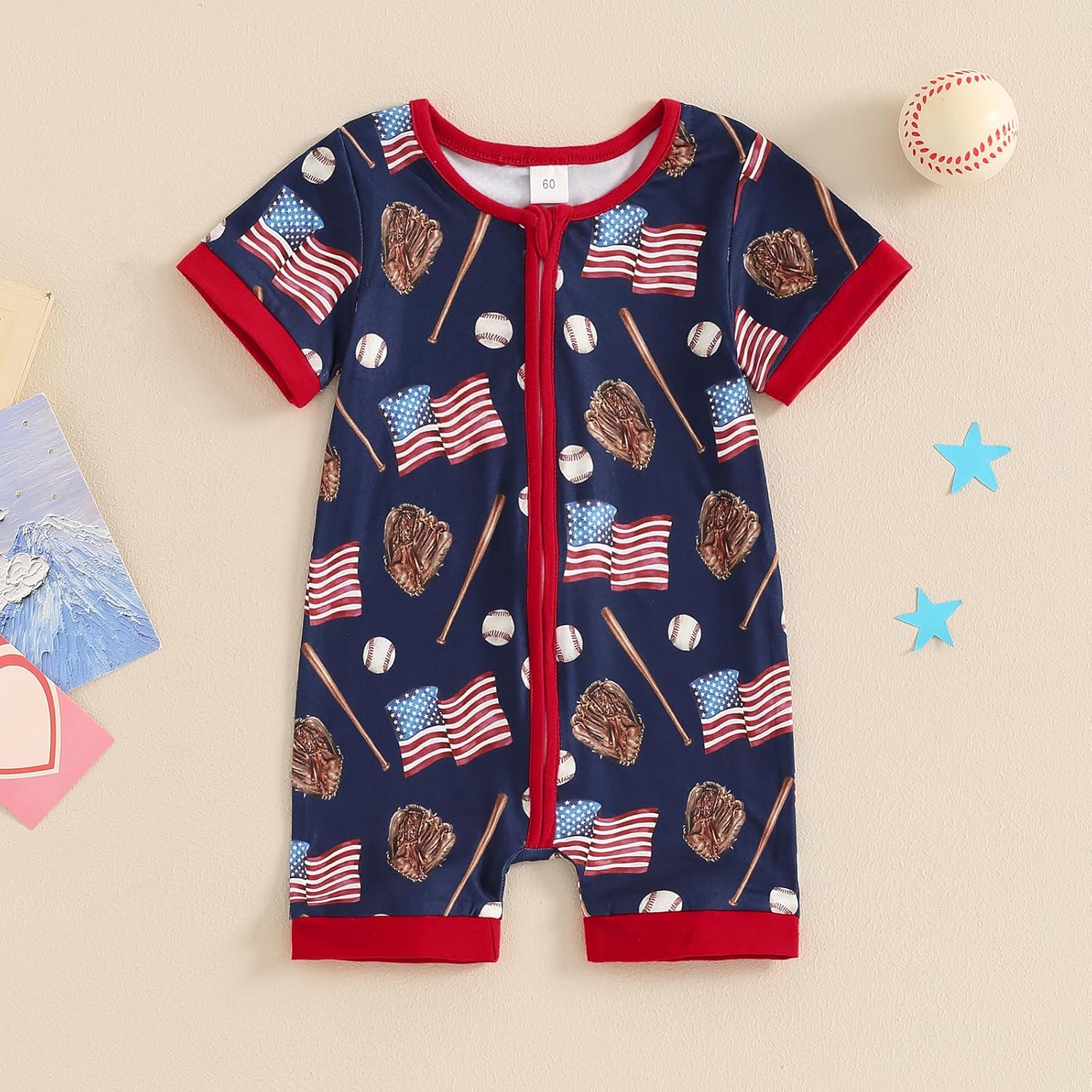 BULINGNA Baby Boy 4th of July Outfit Short Sleeve Baseball American Flag Jumpsuit Summer Zip Up Patriotic Romper