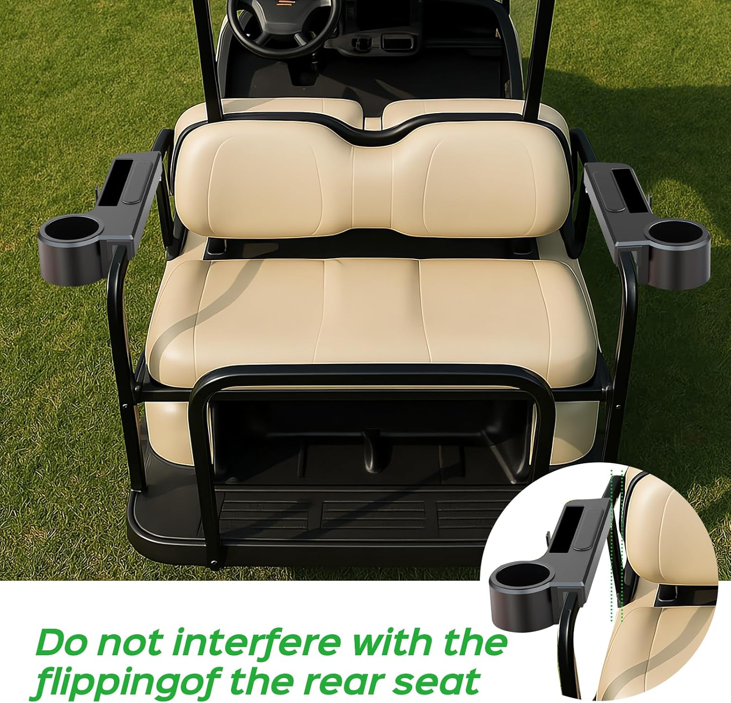 Golf Cart Armrest with Cup Holder - Universal Fit for EZGO/Club Car/Yamaha Rear Seat, Fits 1”/1.25” Square Tube Frames, Durable ABS Construction, Phone Holder, No Drilling