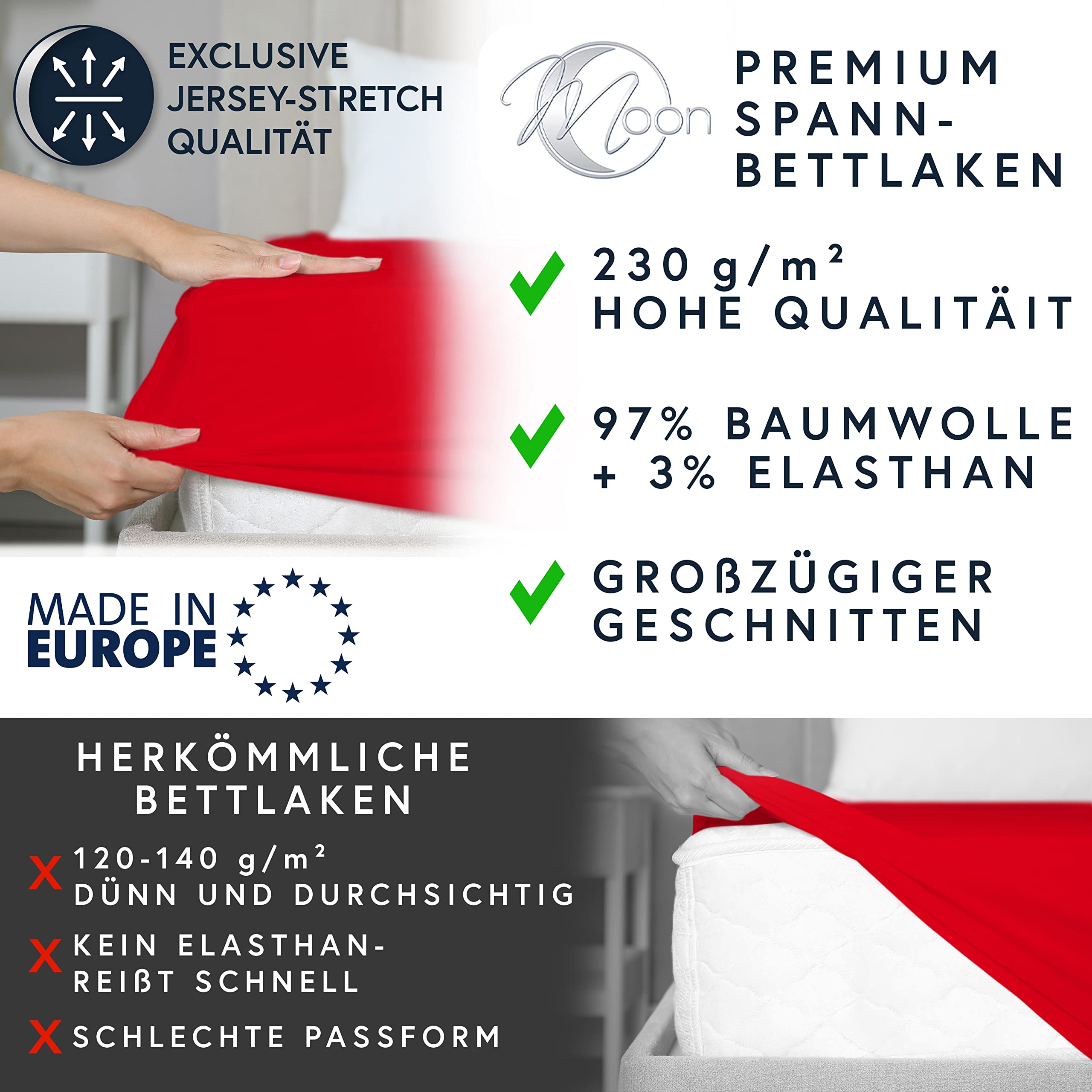 Moon - Luksusowe prześcieradło z gumką Jersey Stretch 230 g/m² do łóżek wodnych, łóżek kontynentalnych i tradycyjnych materacy (kolor czerwony, 200 x 220 – 220 x 240)
