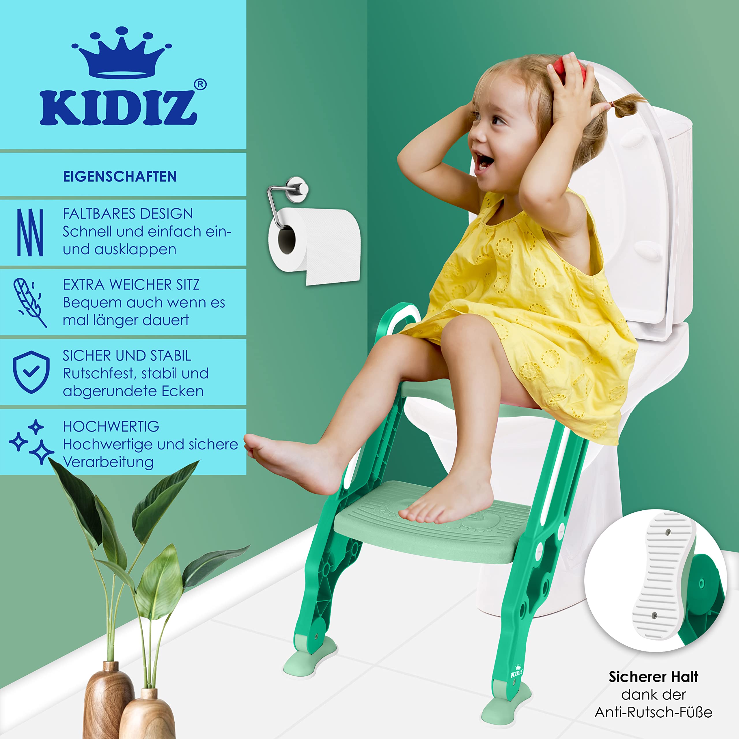 KIDIZ® Sedile del water per bambini Trainer per wc con scale e maniglie wc pieghevole per bambini Sedile del water Trainer per vasino Vasino per l'apprendimento cuscino comodo e ampi gradini, verde
