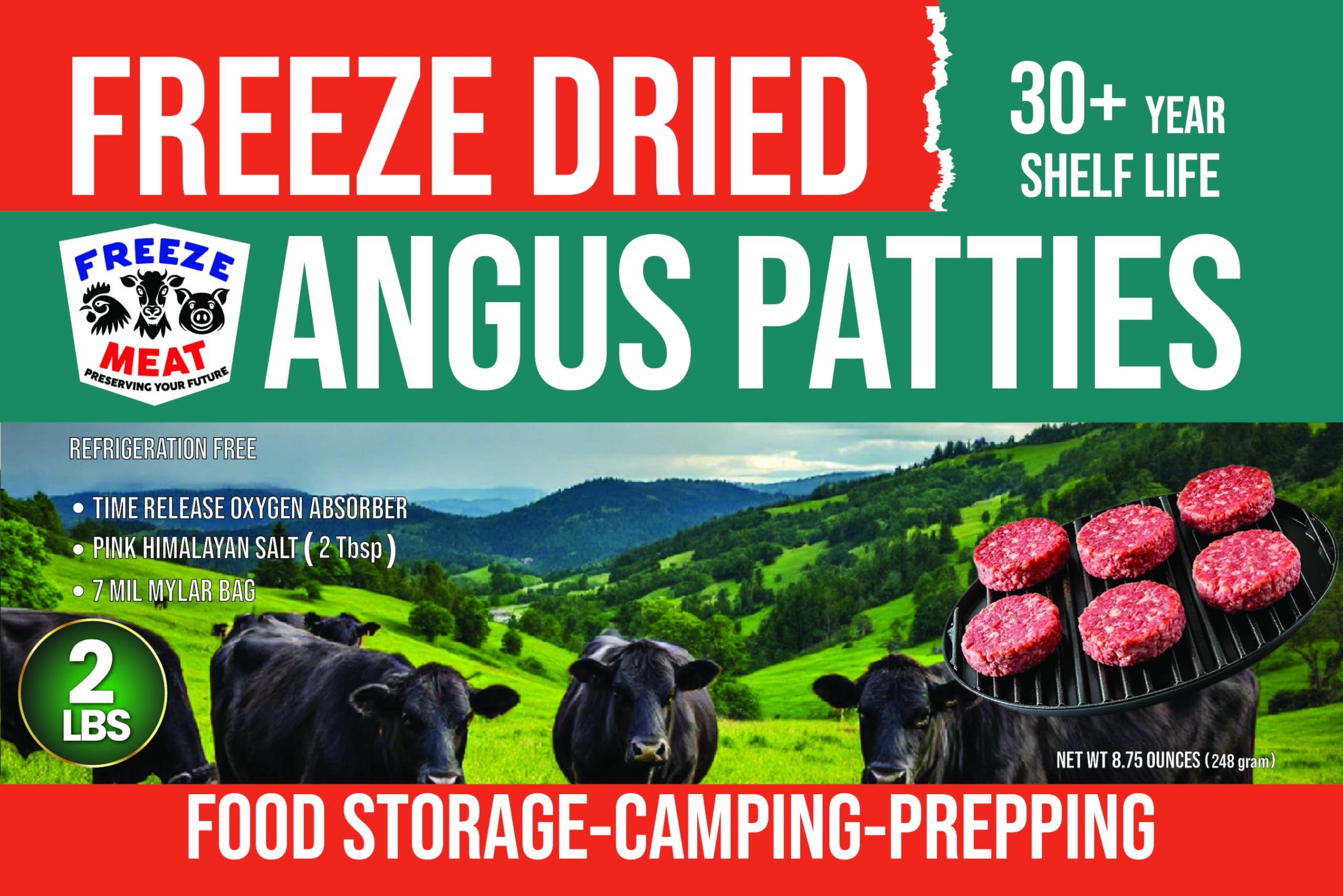 FREEZE MEAT Freeze-Dried ANGUS Beef Patties, 6-Count Family Pack, 2 lbs, 30 Year Shelf Life, Refrigeration Free | Backpacking & Camping Food Emergencies & Food Storage|GRASS FED|