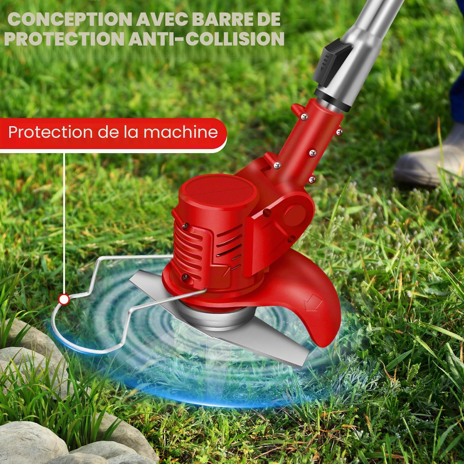 Coupe-Herbe sans Fil avec Batterie et Lames en métal Coupe-Herbe électrique Puissant Coupe-Herbe de Jardin Coupe-Bordures Coupe-Mauvaises Herbes Coupe-Gazon Set de Coupe-Gazon 2 Batteries Rouge