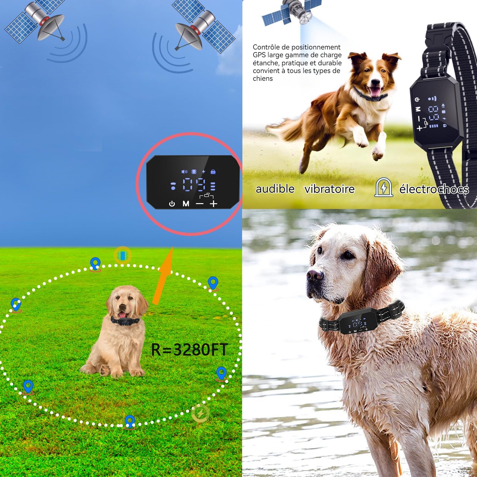 Collier Anti aboiement de Dressage Confozen 3 Warning Modes-Sangle réfléchissante réglable-Rayon de portée 30-300 m pour 15-120LBS GPS Dog Collar