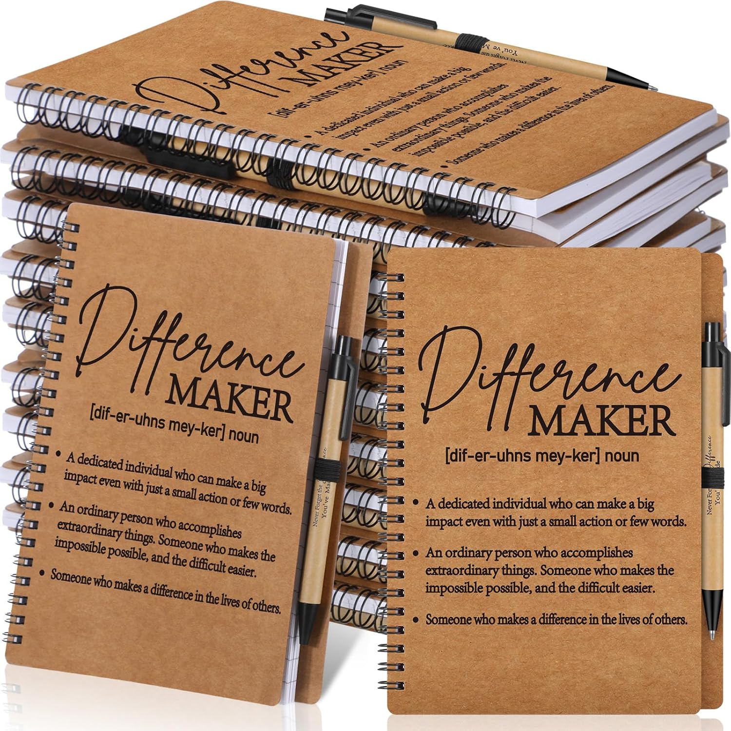 Nezyo 10 Sets Difference Maker Gifts Notebooks with Ballpoint Pens Employee Appreciation Gifts Mini Spiral Inspiration Journal Bulk for Leader Boss Coworker Nurse Teacher Difference Maker (Brown)