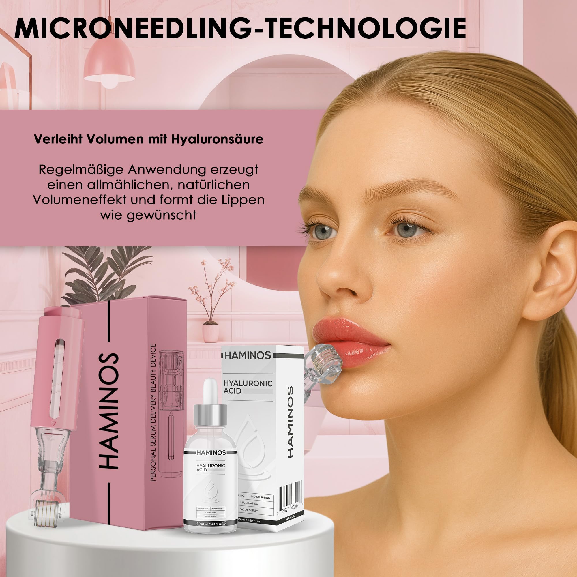 HAMINOS Derma Roller 0,25 mm mit Hyaluronsäure Serum, Microneedle Roller mit Reservoir, Lippenpflege Applikator