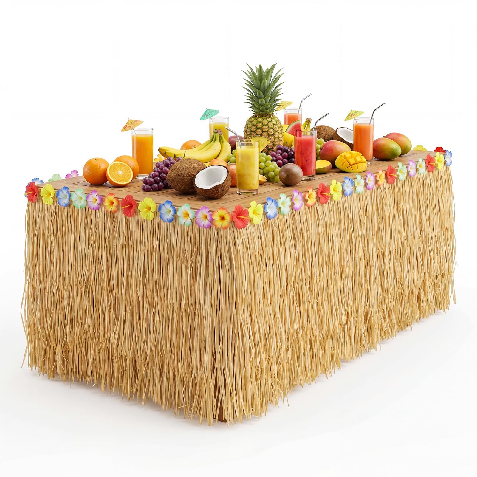 Hawaiian Table Skirt 108.7 x 29.5in, Tropical Party Decorations for Tiki Bar, Beach Party&Garden Birthday, Waterproof Hawaiian Party Decorations Table Skirting, Easy Hook&Loop Setup, Fits 4-5ft Tables