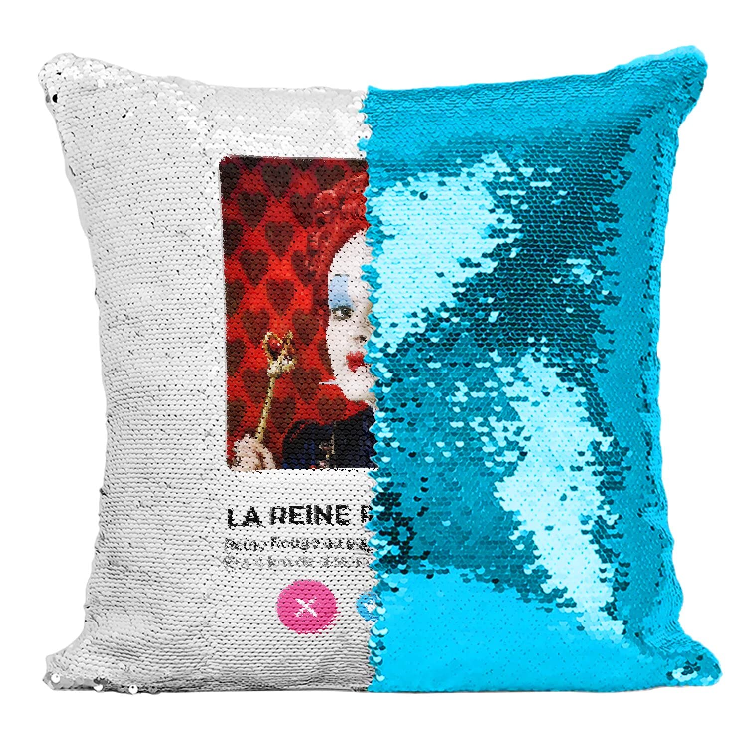 Coussin Paillettes Turquoise et Housse Sequin Magique Thème Reine Rouge Alice
