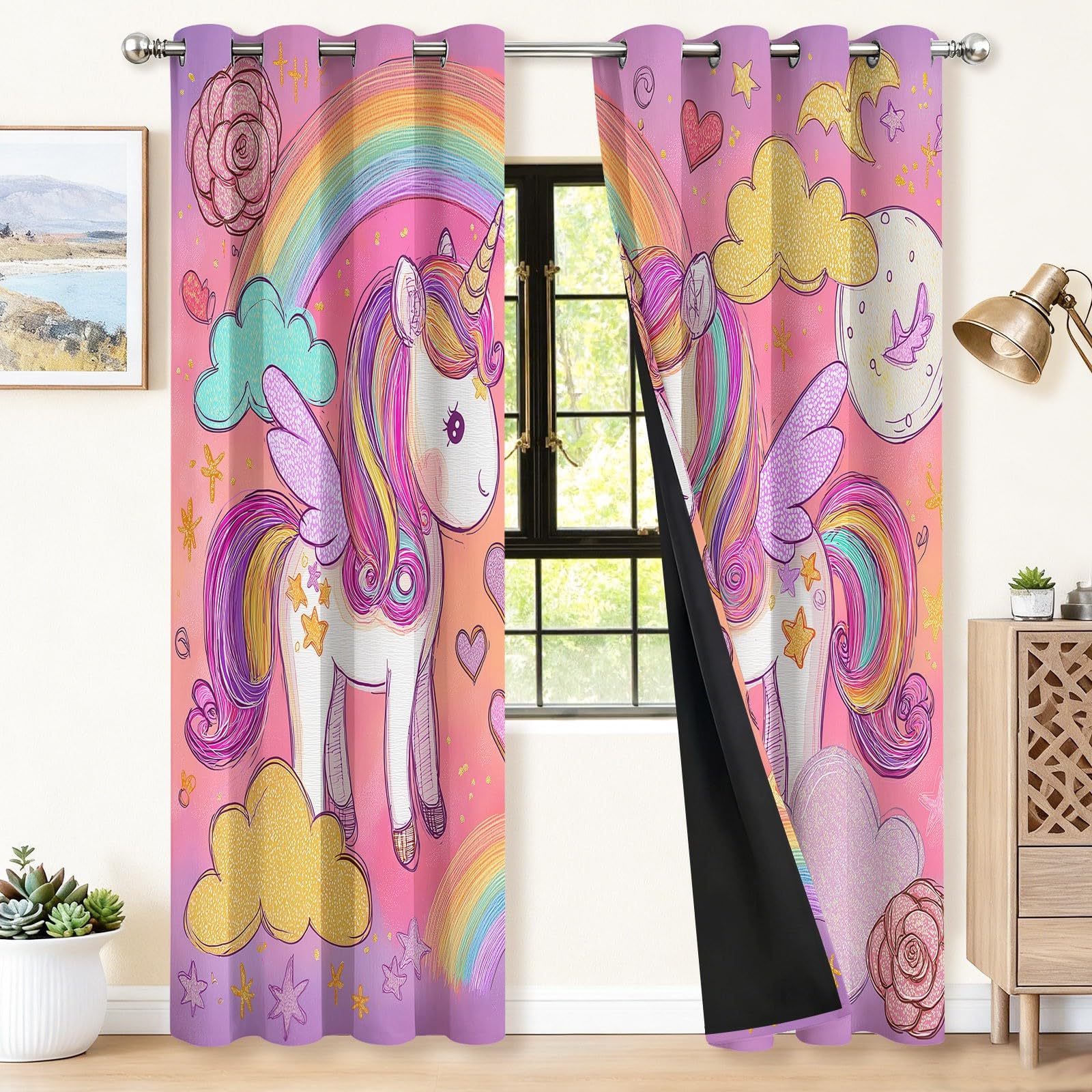 Générique Rideaux Licorne Style Aquarelle pour Chambre d'enfant, Lot de 2 Panneaux 70L X 180H cm - Rideaux Thermiques et Anti-Bruit à Oeillets pour Chambre et Salon Rose