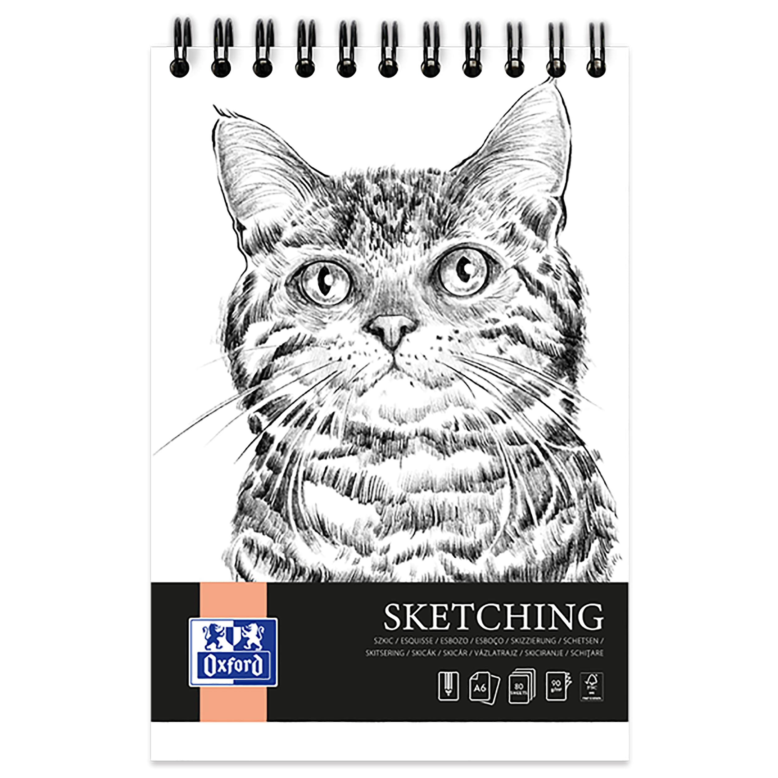 Oxford White Artistic Sketch Pad A6 Cat, 80 Sheets, Drawing Pad With Spiral, Sketchbook, Art Pad, 90 G/M² Acid-Free Paper, Drawing Book With Sturdy Back Cardboard, Sketch Book For Drawing & Sketching