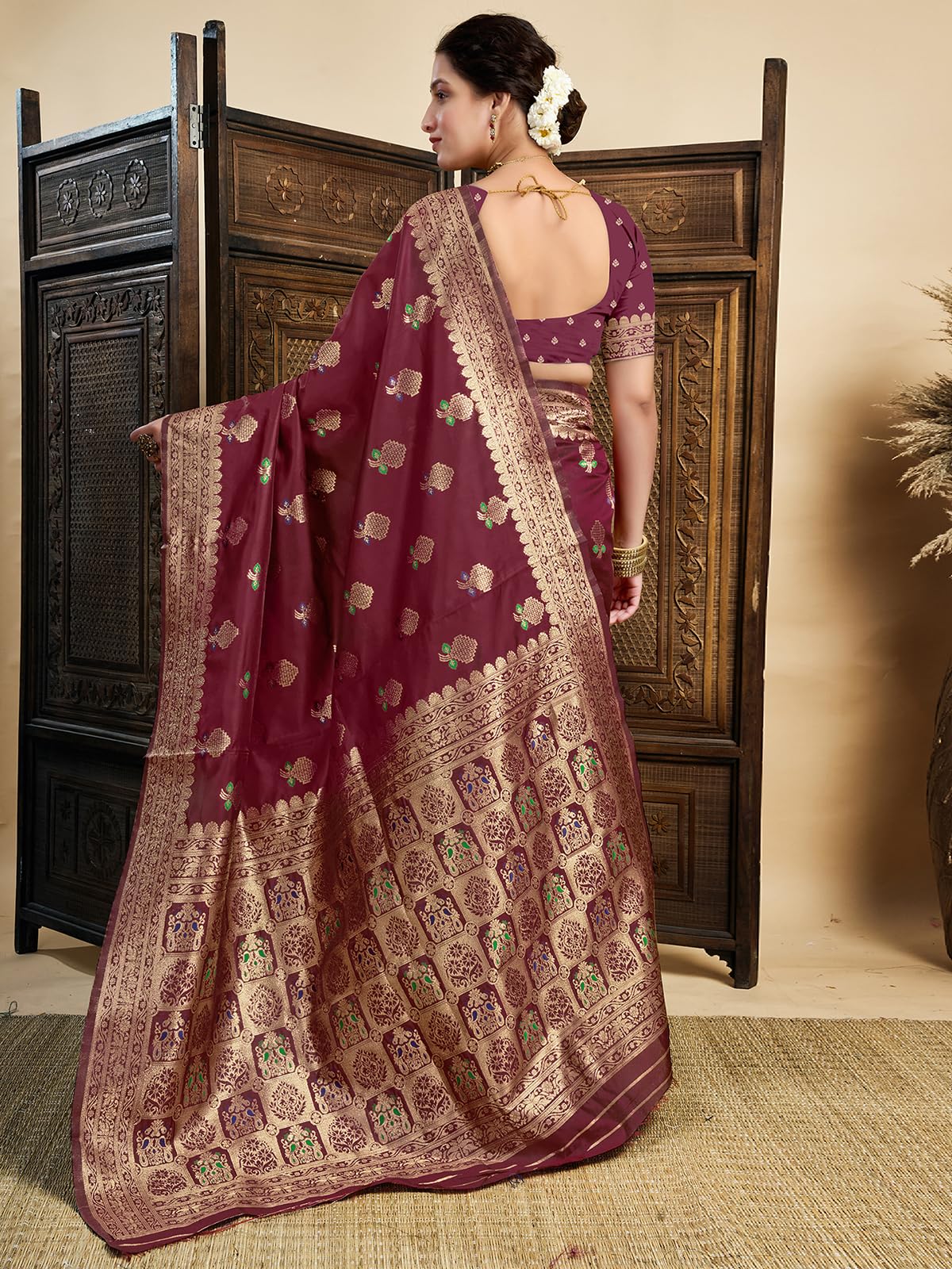 Satrani Women's Banarasi Silk Weaving Saree With Unstitched Blouse Piece (4208S858N_Maroon)