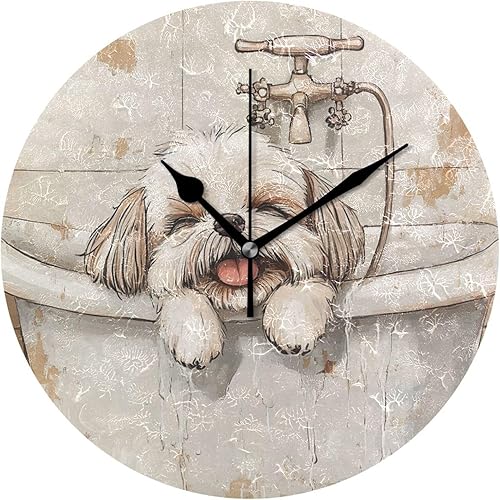 Cartoon Shih Tzu Dogs Vintage Bathtub 10 Inch Round Office Wall Clocks Quiet Art for Bathroom School Home reloj de pared para cocina