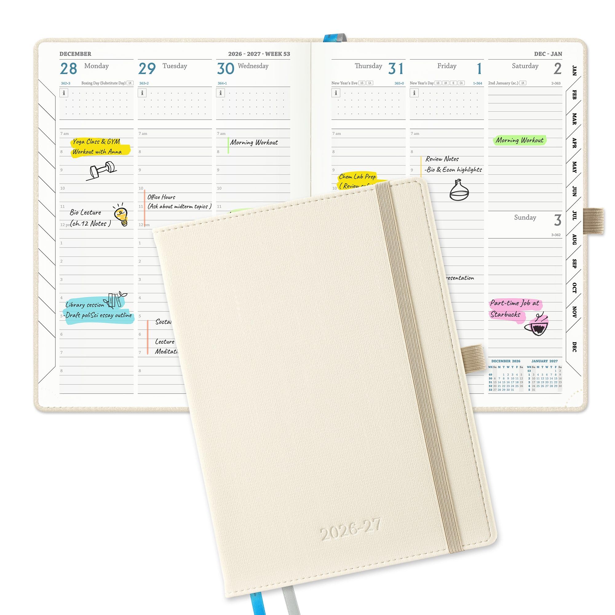 IN-LUXPRO Academic Diary 2026-2027: Luxury A5 Week to View (21.9x16.2cm)18 Months (Jul'26 - Dec'27) Mid Year Diary 26/27 Vertical Weekly Planner with Timeslots & Month Tabs, PU Leather White