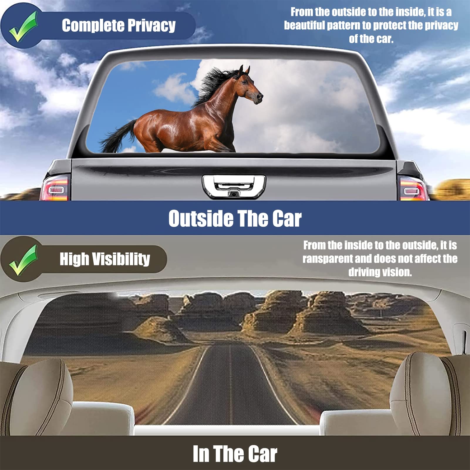 Adesivo per finestrino posteriore per auto con cavallo di destriero, decalcomania perforata, per camion, finestra, SUV, furgone, pickup, adesivi per finestrini posteriori, A, 147,3 x 45,7 cm