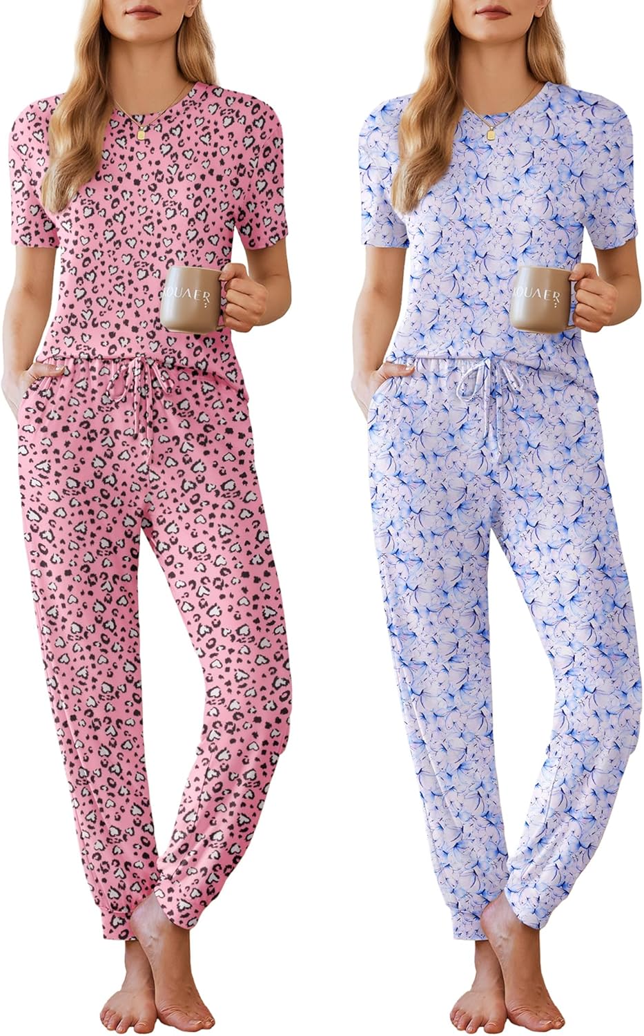 Ekouaer Pajamas for Women Set 2 Pack Lounge Set Short Sleeve Pjs Joggers Long Pants Loungepwear with Pockets