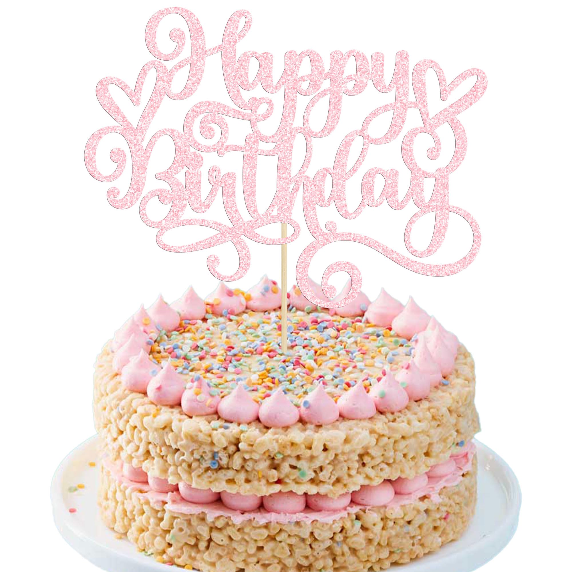 Gyufise 1Pcs Happy Birthday Cake Topper Glitter Cake Pick Bunting Decor for Anniversary Celebrating Party Cake Decorations Supplies Light Pink