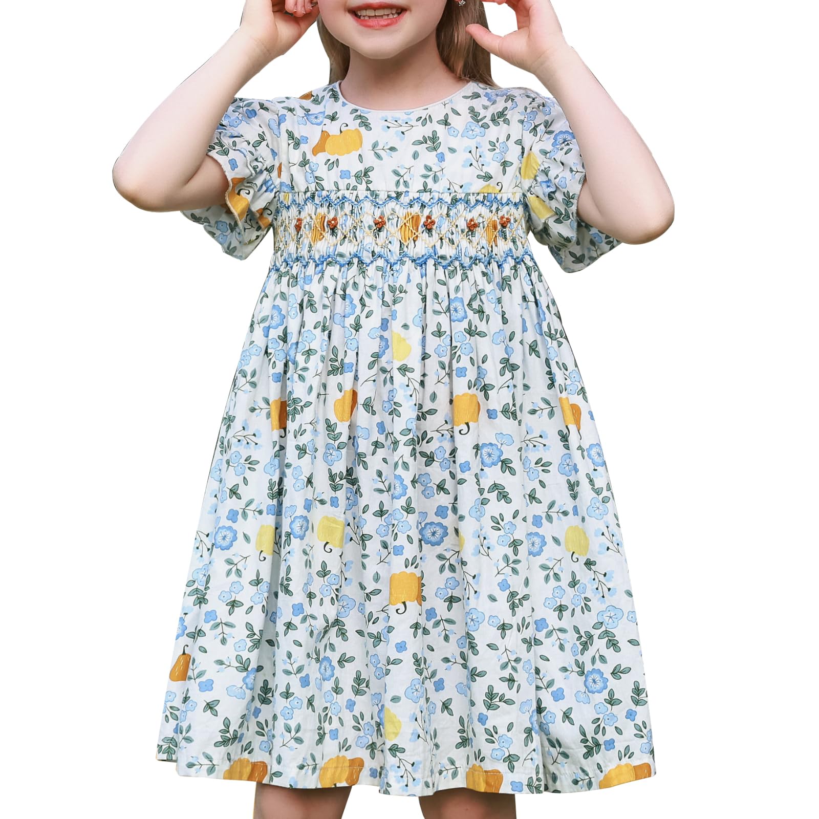 Girls Smocked Blue Dress Toddler Floral Summer Dress Vintage Dresses Kindergarten Graduation Dress