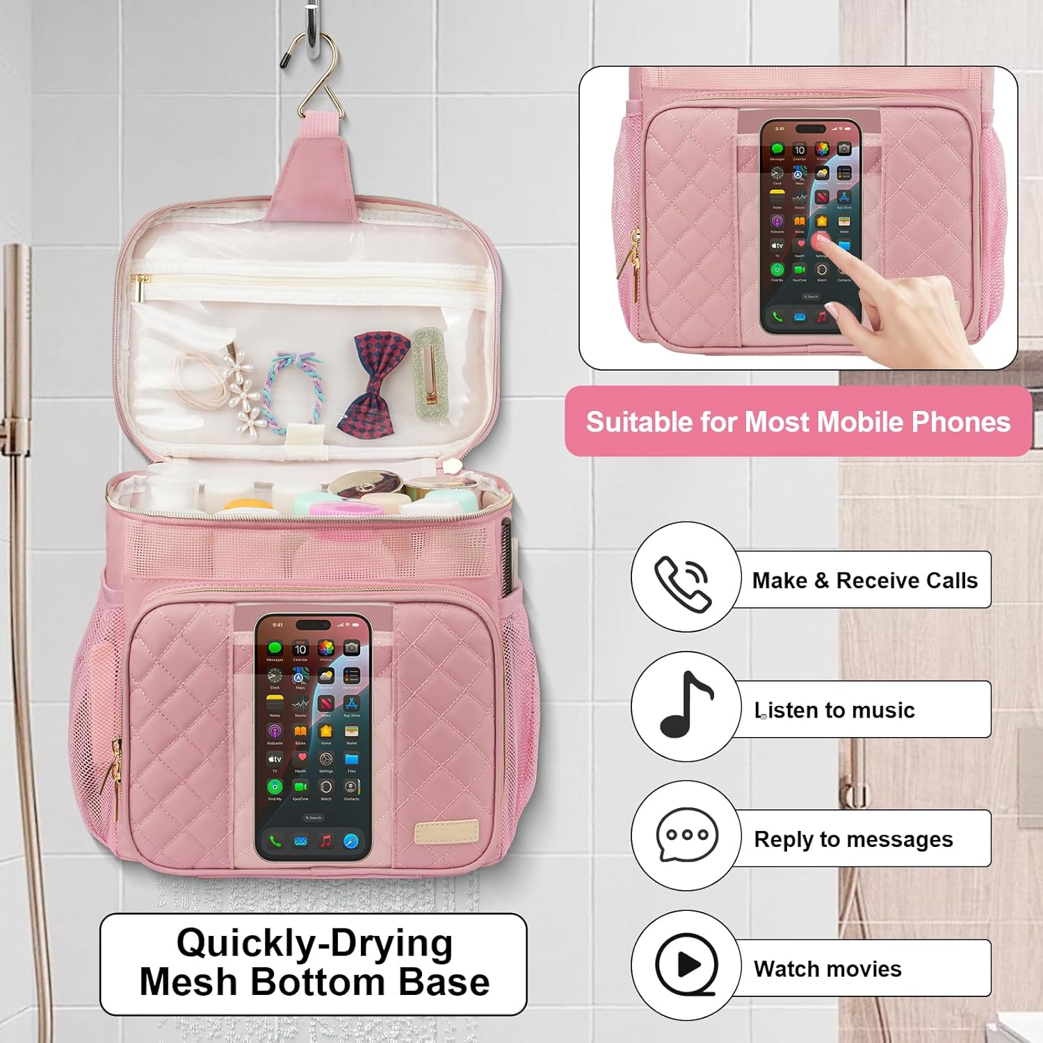 Portable Shower Caddy (Full Size Bottle Compatible),Travel Shower Tote Bag with Quick Dry Mesh Base,Hanging Toiletry Cosmetic Bag for Gym,College,Camping & Dorm, Pink - Image 5