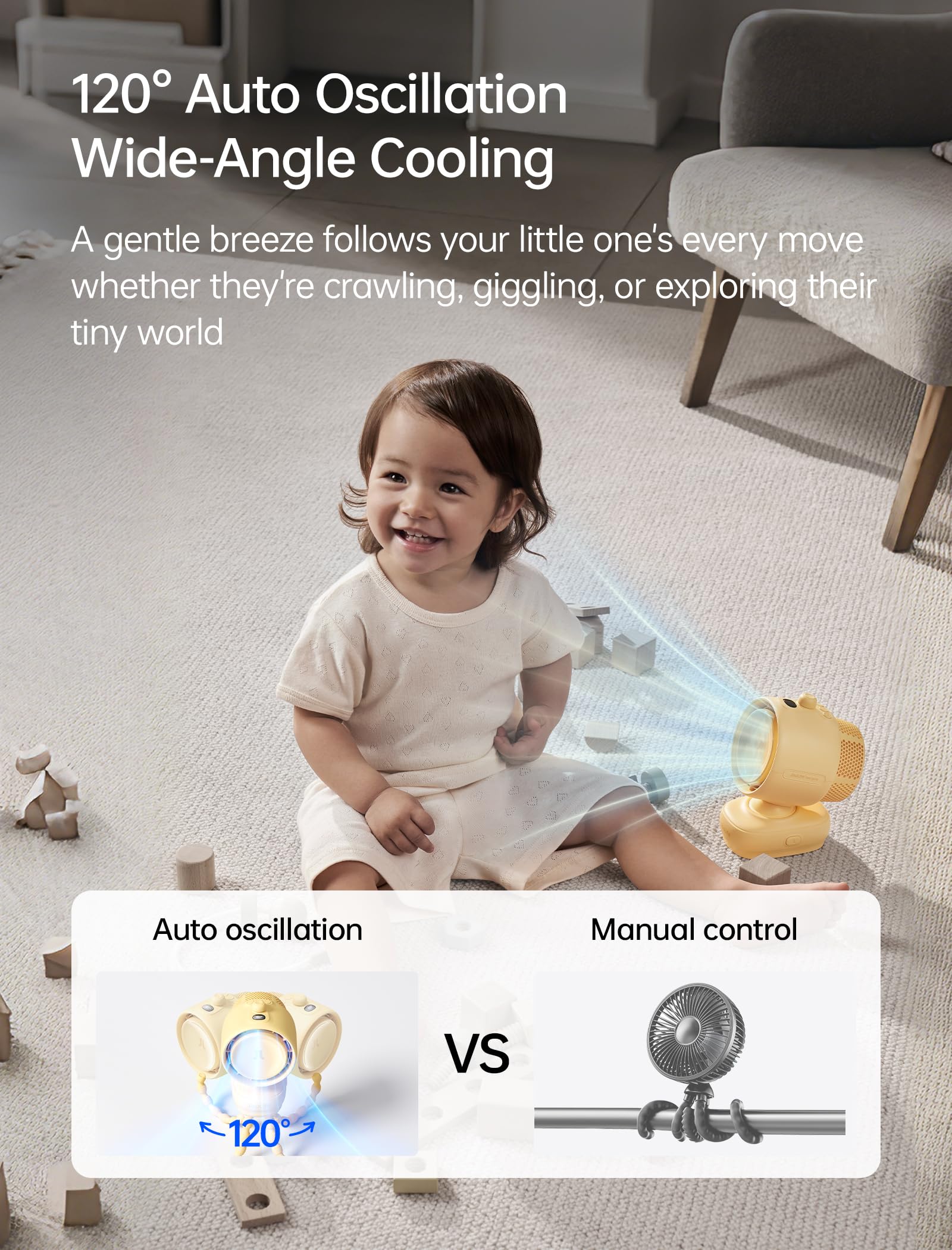 JISULIFE Ventilatore per passeggino 2026, l'aiuto fantastico per i bambini: oscillazione automatica a 120° con 100 livelli, durata della batteria super lunga 21H, portatile, per lettino, passeggino e
