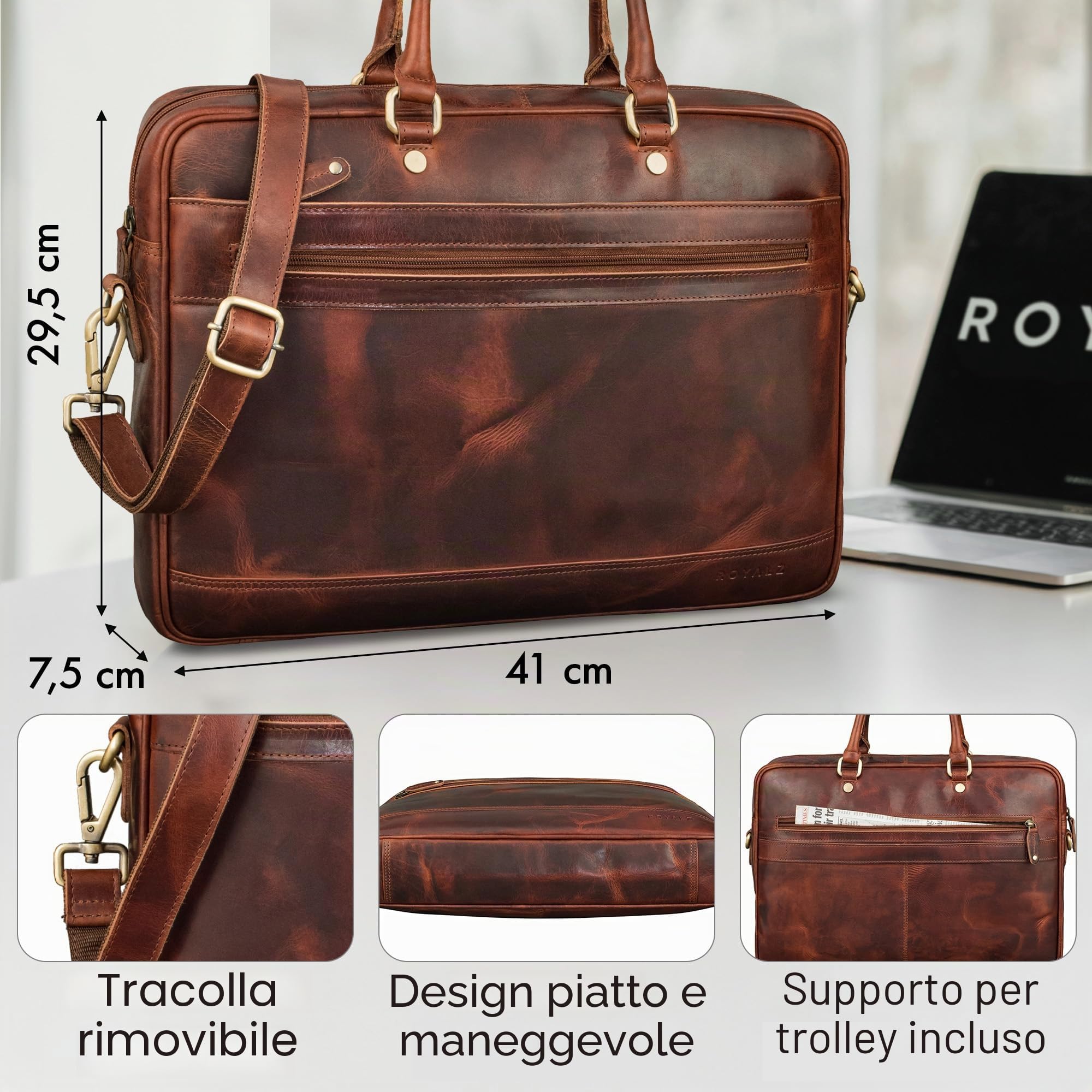 ROYALZ "Charleston” Cartella Ventiquattrore in vera pelle Uomo/Donna Grande - Borsa pc 15.6 pollici Piatta da utilizzare come borsa a mano o Borsa 24 Ore portadocumenti