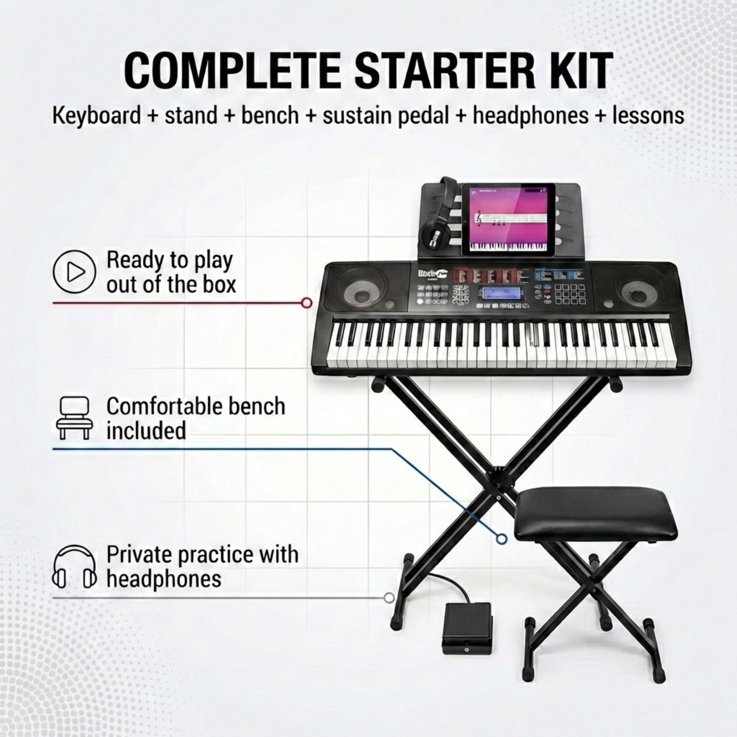 RockJam 61 Key Touch Display Keyboard Piano Kit with Digital Piano Bench, Electric Piano Stand, Headphones Piano Note Stickers, Sustain Pedal & Simply Piano Lessons