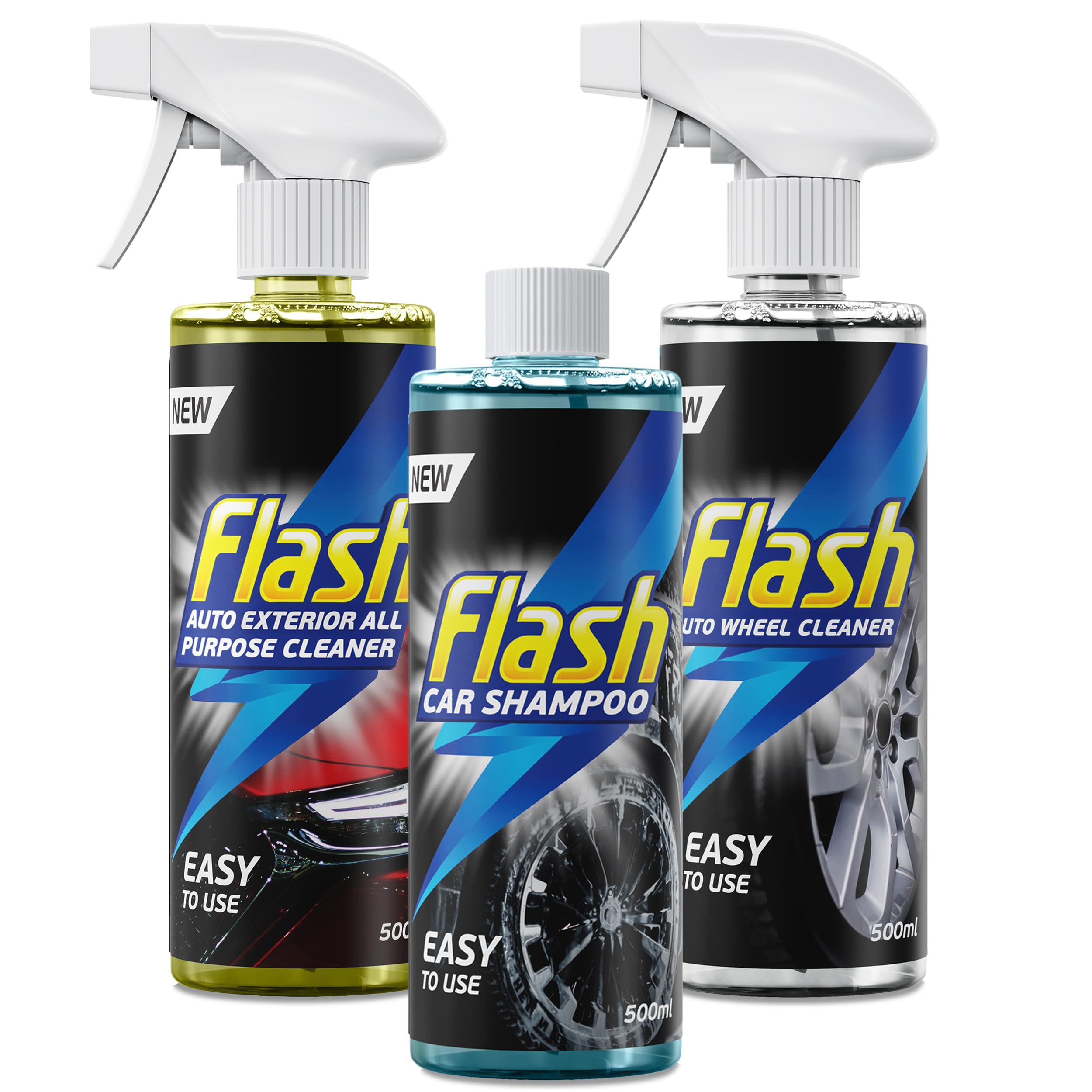 FLASH Car Care Automotive Essentials Bundle 3x500ml Powerful Exterior Cleaning Products, Includes Car Shampoo, All-Puprose Cleaner And Wheel Cleaner, Essential Car Cleaning Kit