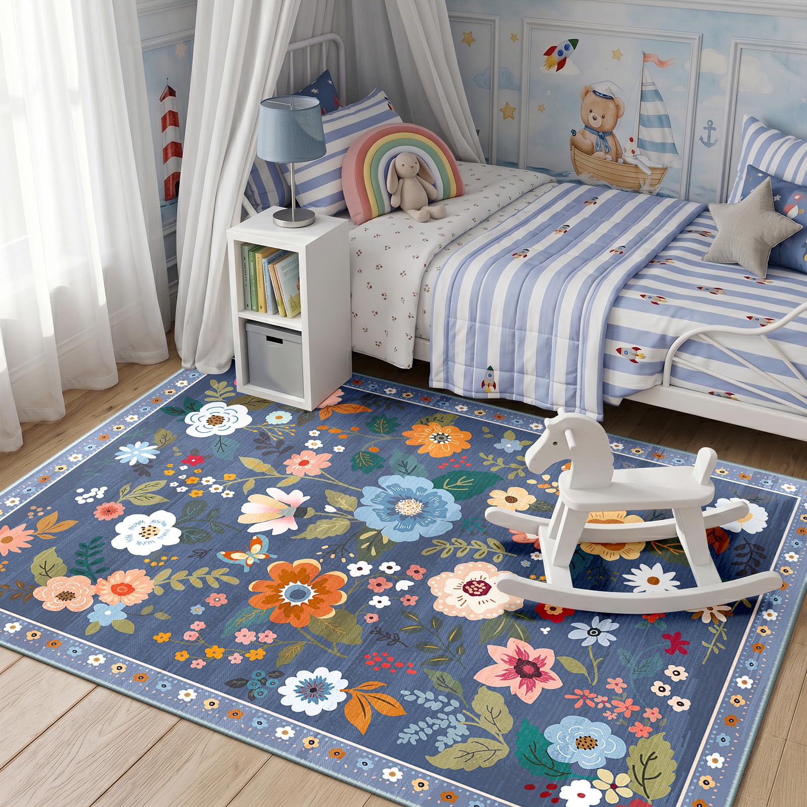DEFYNEE Machine Washable Rugs Living Room, 90×150cm Floral Rug, Non-Slip Low Pile Boho Vintage Floral Carpet with Printed Design for Kids Room, Bedroom, Kitchen, Entryway, Lounge, Blue/Grey