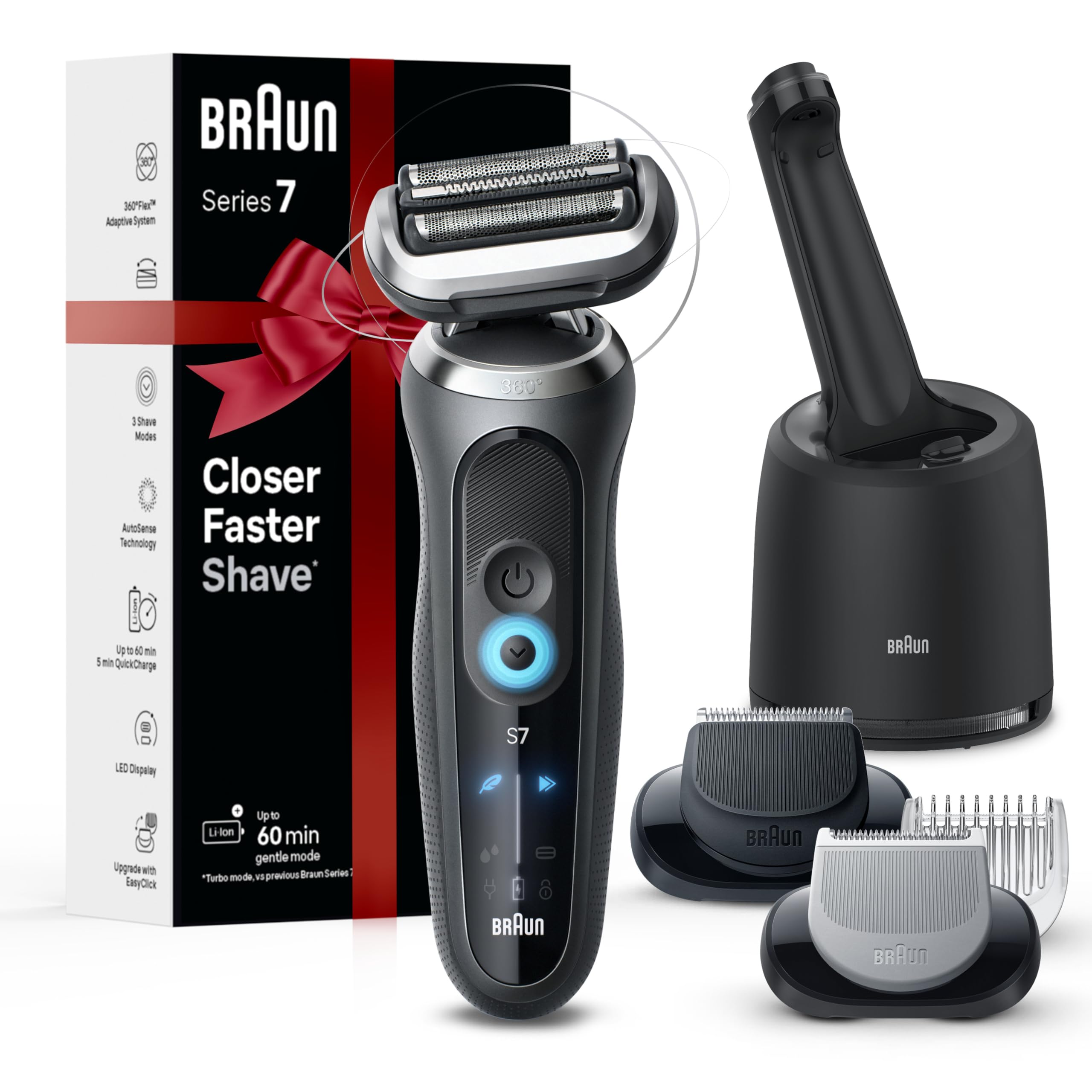 Braun Electric Shaver for Men, Series 7 7177cc, Wet & Dry Shave, Turbo & Gentle Shaving Modes, Waterproof Foil Shaver, Space Grey Grey 10 Piece Set