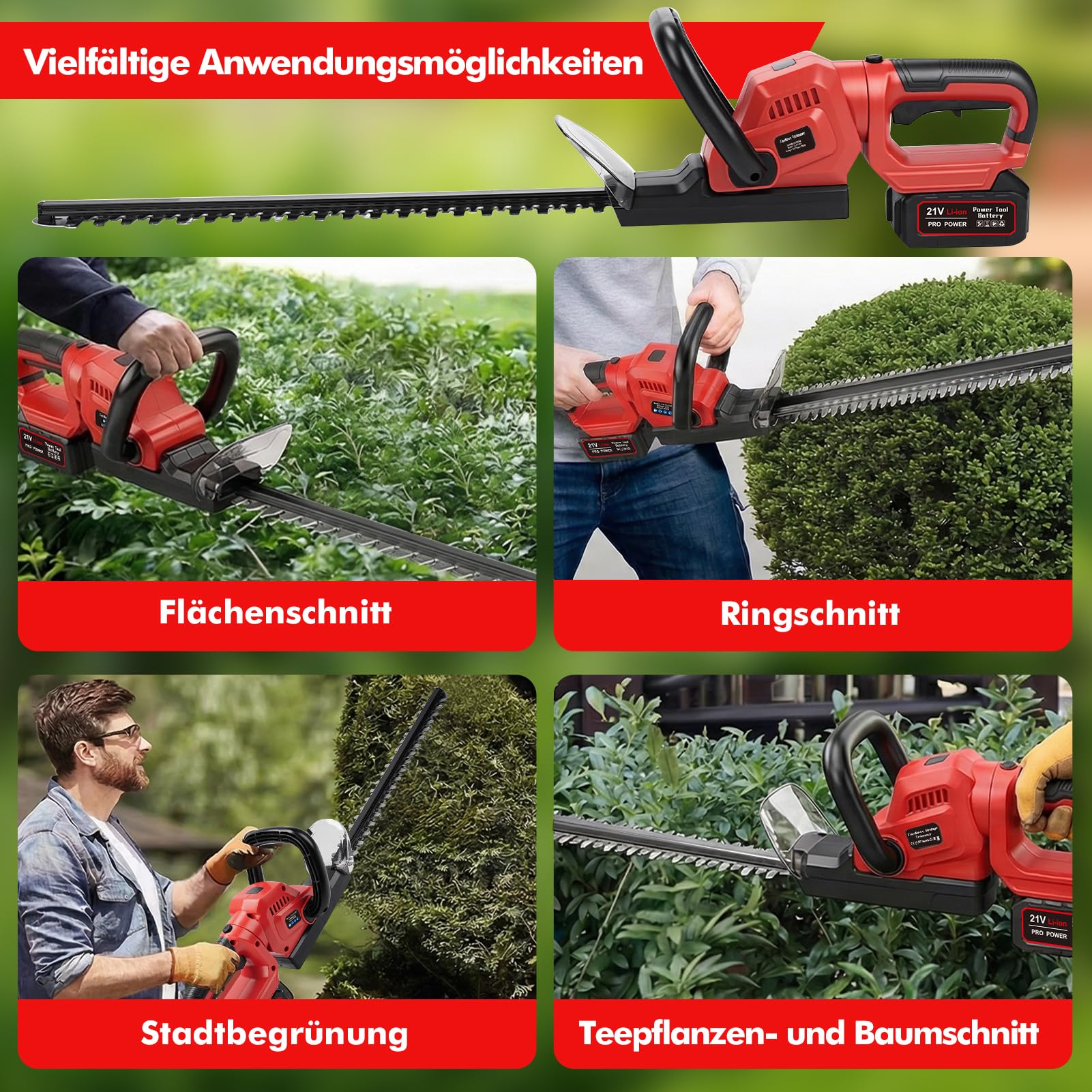 Heckenschere Akku, 21V 850W Elektrischer Heckenschneider mit 20 Zoll Klinge, 18 mm Zahnabstand, für Garten, Sträucher und Hecken, Sicherheitsdoppelschalter und 180° Drehbarem Griff (2 Akkus)