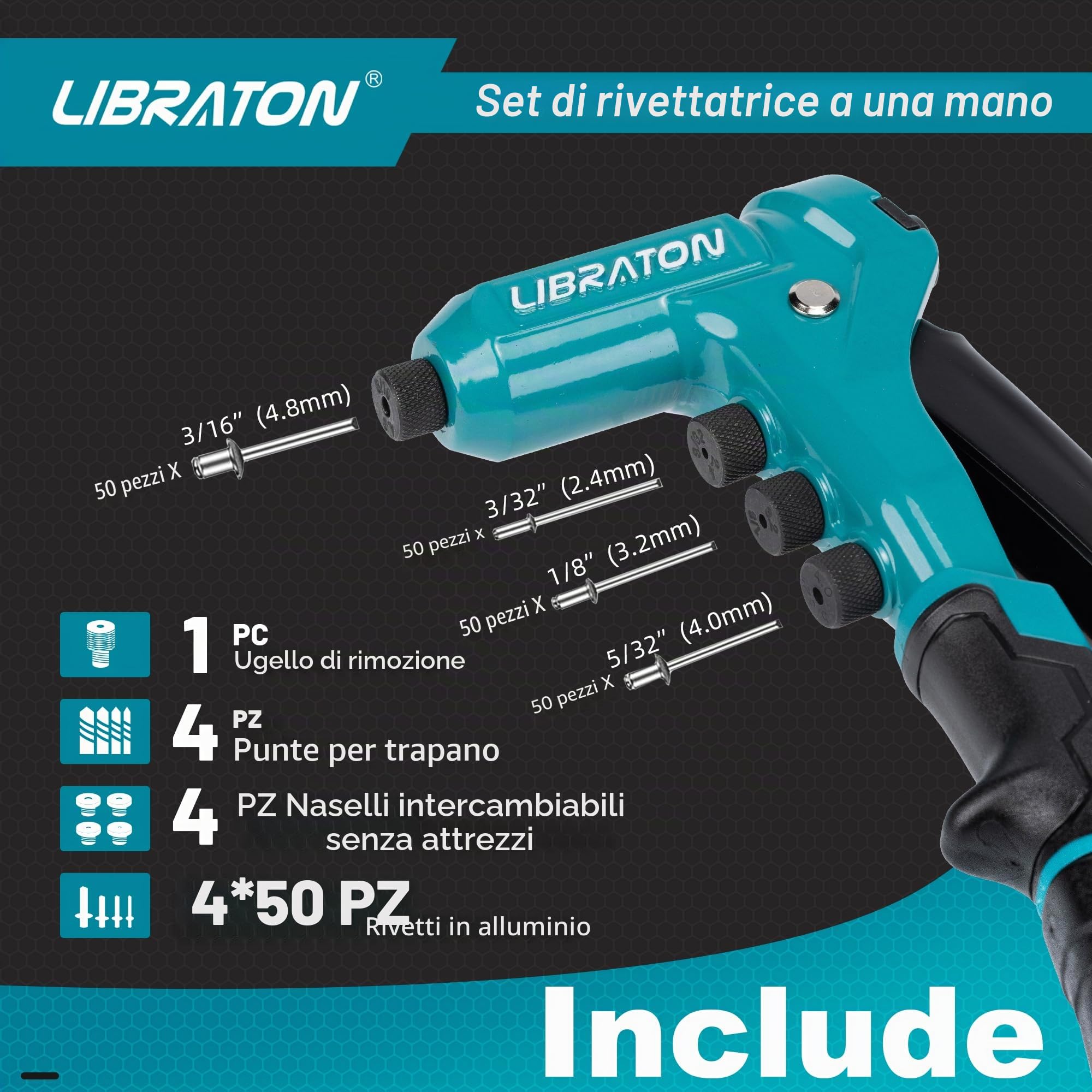 LIBRATON Rivettatrice Manuale, Pistola Rivettatrice Professionale con 200 Rivetti in Alluminio, Include 4 Punte da Trapano, 4 Teste di Rivetto Senza Utensili (2,4mm, 3,2mm, 4,0mm, 4,8mm)