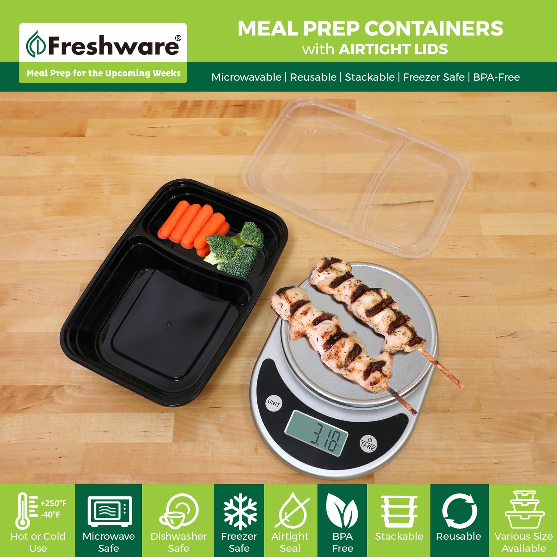 Freshware Meal Prep Container [150 Pack] 2 Fächer mit Deckel, Frischhaltedosen, Bento-Box, BPA-frei, stapelbar, mikrowellen-/spülmaschinen-/gefriergeeignet (800 ml), Schwarz