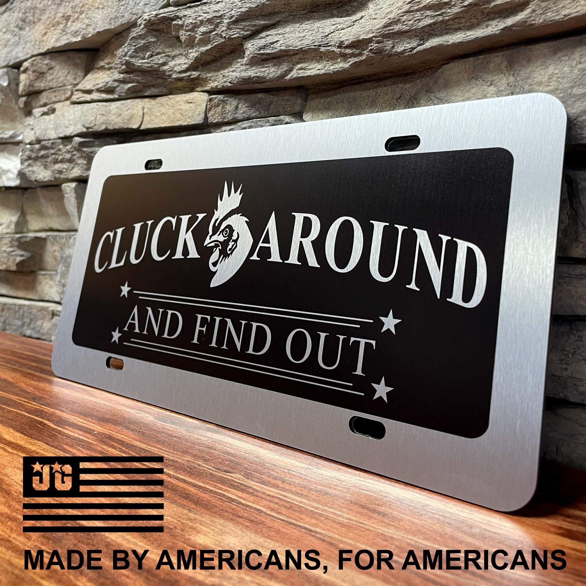 Cluck Around and Find Out Car Tag - Chicken Farmer License Plate Set - Perfect Farmer Gift for Farm Use and Truckers - Made in The USA - Includes 2 Coasters and Keychain
