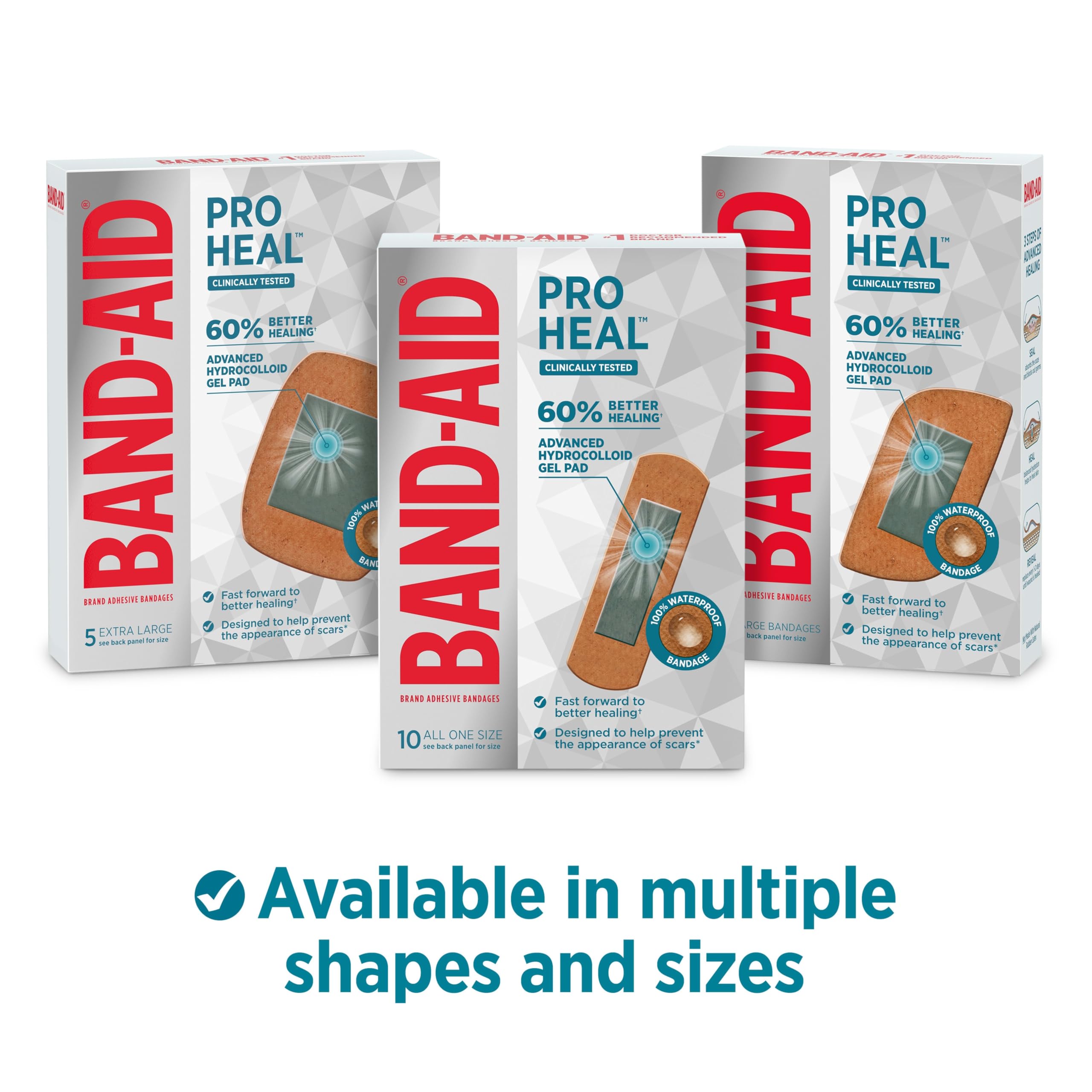 Band-AID Brand Pro Heal bandaże samoprzylepne z podkładką żelową hydrokoloidową, testowane klinicznie, lepsze gojenie drobnych ran, wodoodporne bandaże, kwalifikujące się do FSA/HSA, jeden rozmiar, 10