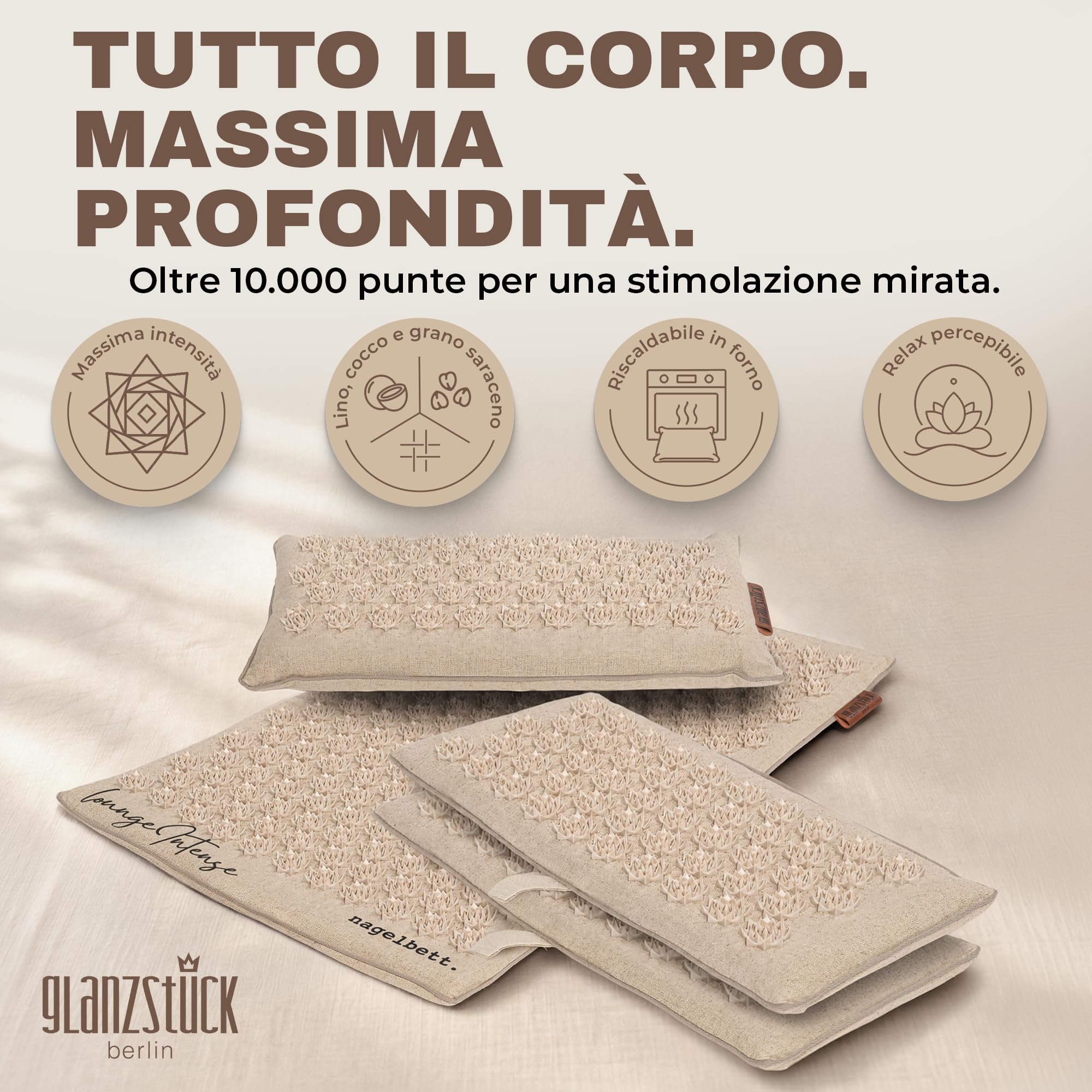 Glanzstück Berlin®: Tappetino per agopressione XXL Lounge Intense, set per tutto il corpo, ideale per principianti, in caso di tensioni, mal di testa, mal di schiena, stress