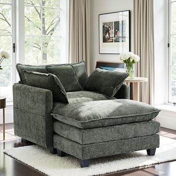 Gexpusm Oversized Sofa Chair with Ottoman,Chenille Single Sofa,Chair and Ottomans Set with Deep Seat & 2-Layer Ottoman,Comfy Chaise Lounge Couch with Armchair Pillows Living Room,Bedroom Green