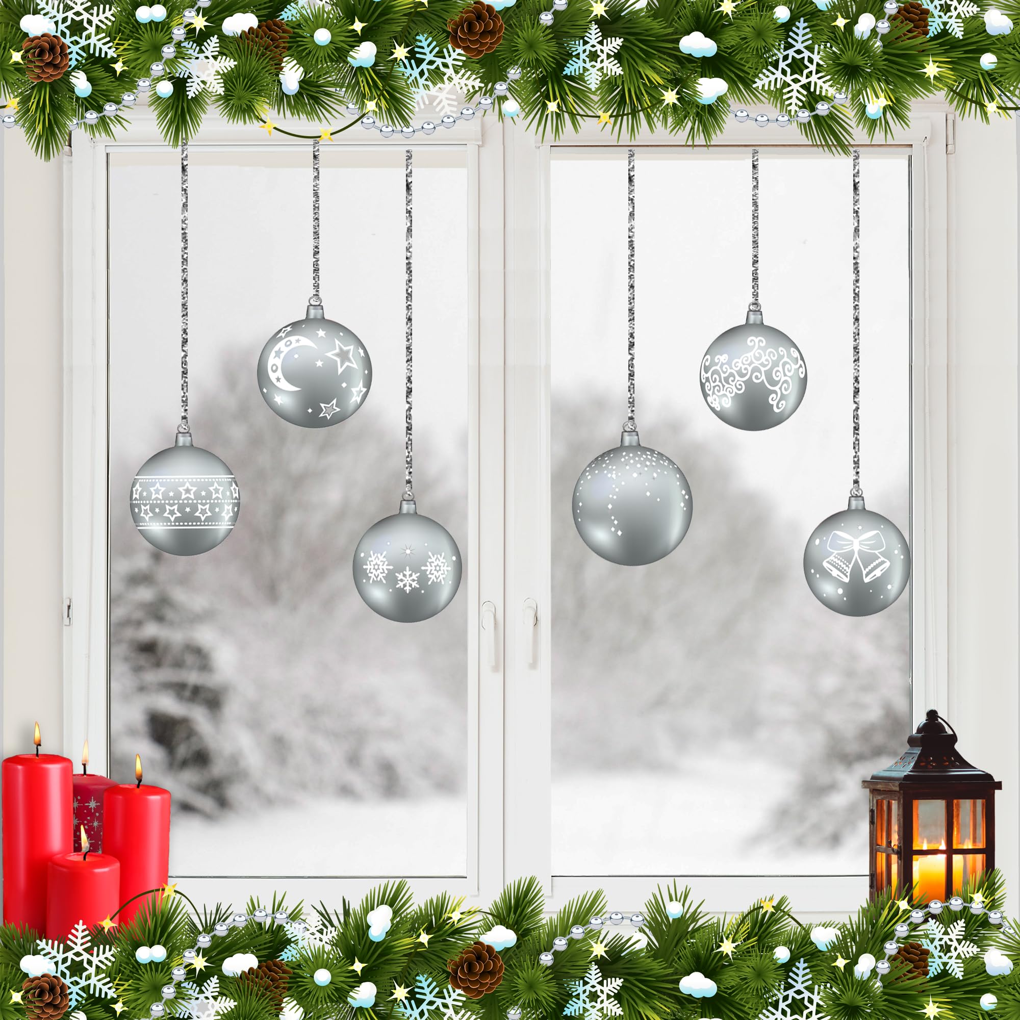 Articlings Silver 12 X Bauble Window Clings With Glitter Patterns And Strings Colour =